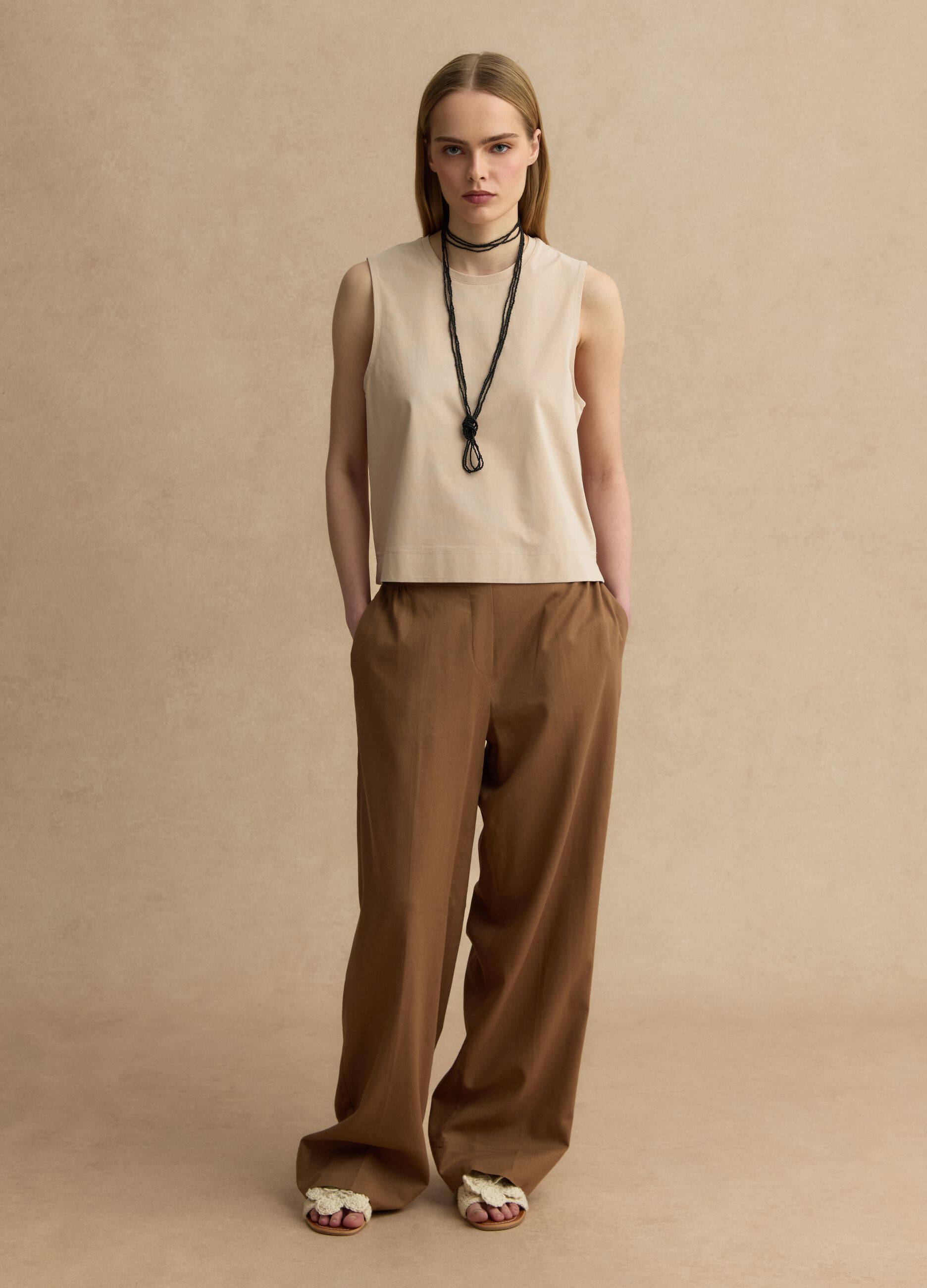 Beige cotton-blend tank top