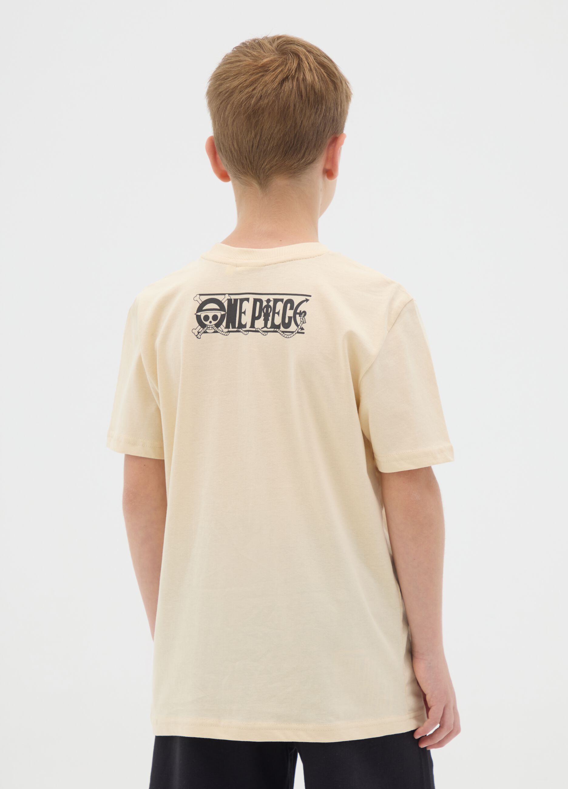 Beige pure cotton regular fit boys' T-shirt with One Piece print
