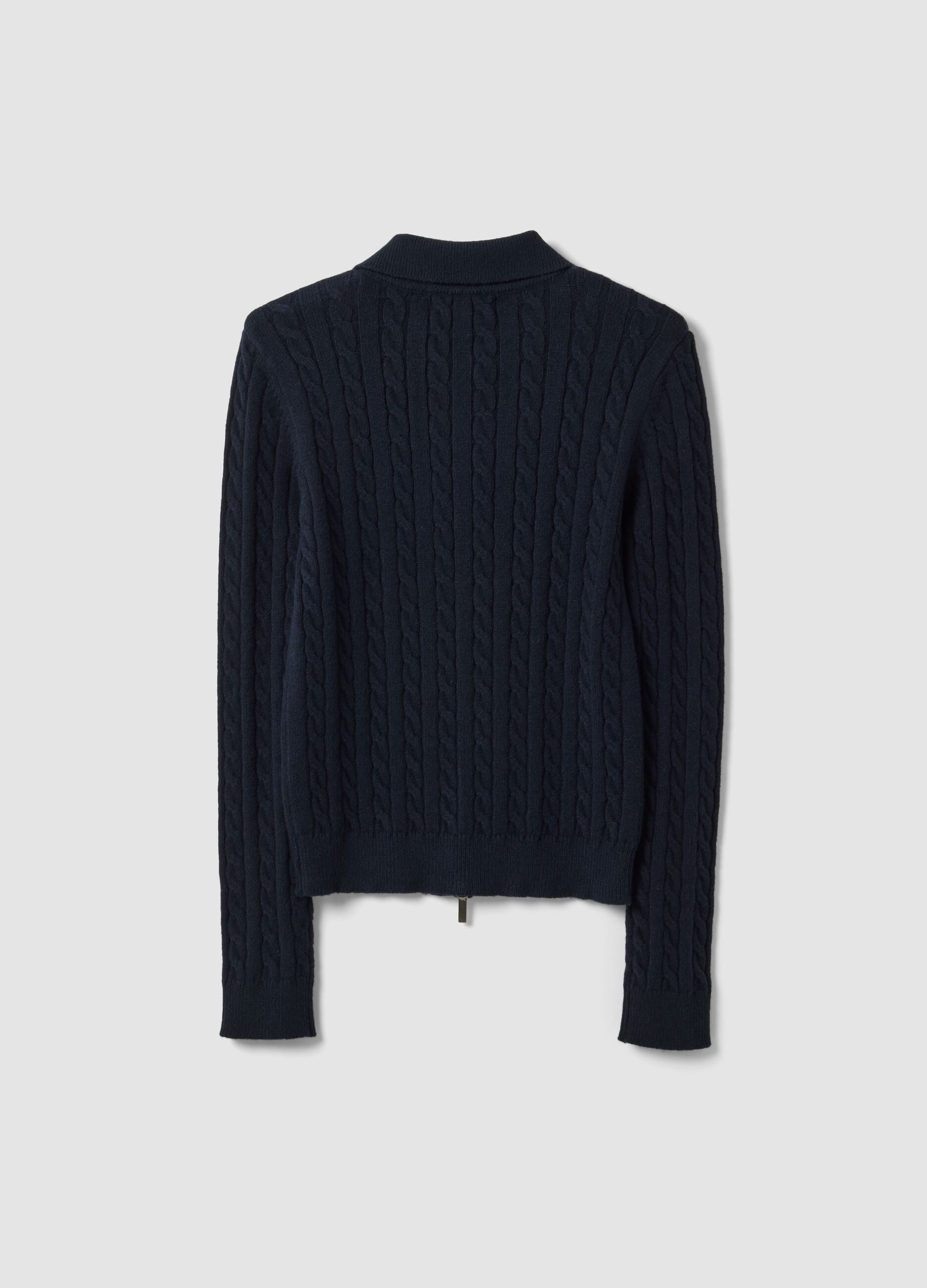 Navy viscose-blend fitted cardigan with polo collar