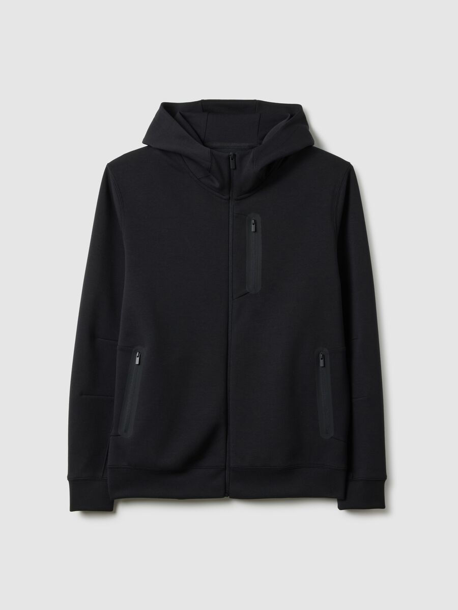 Black regular fit hoodie with front zip collar_4