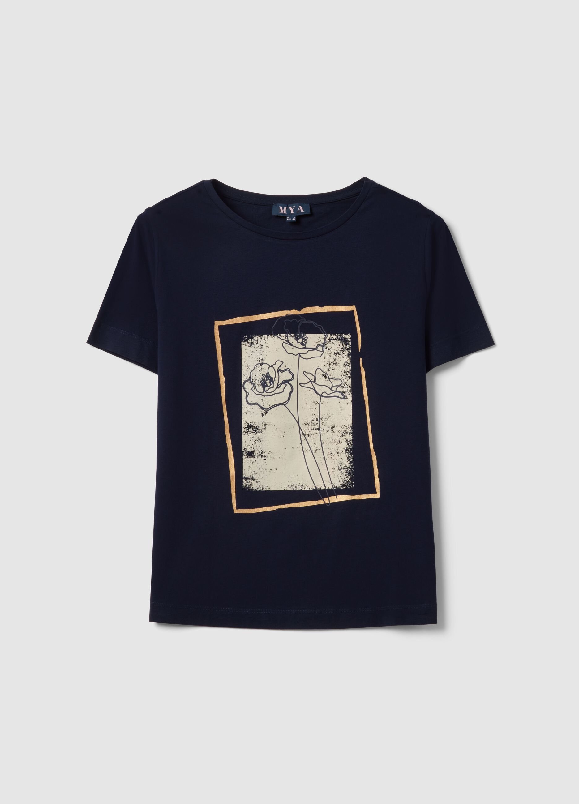 Blue short-sleeve pure cotton printed T-shirt, regular fit