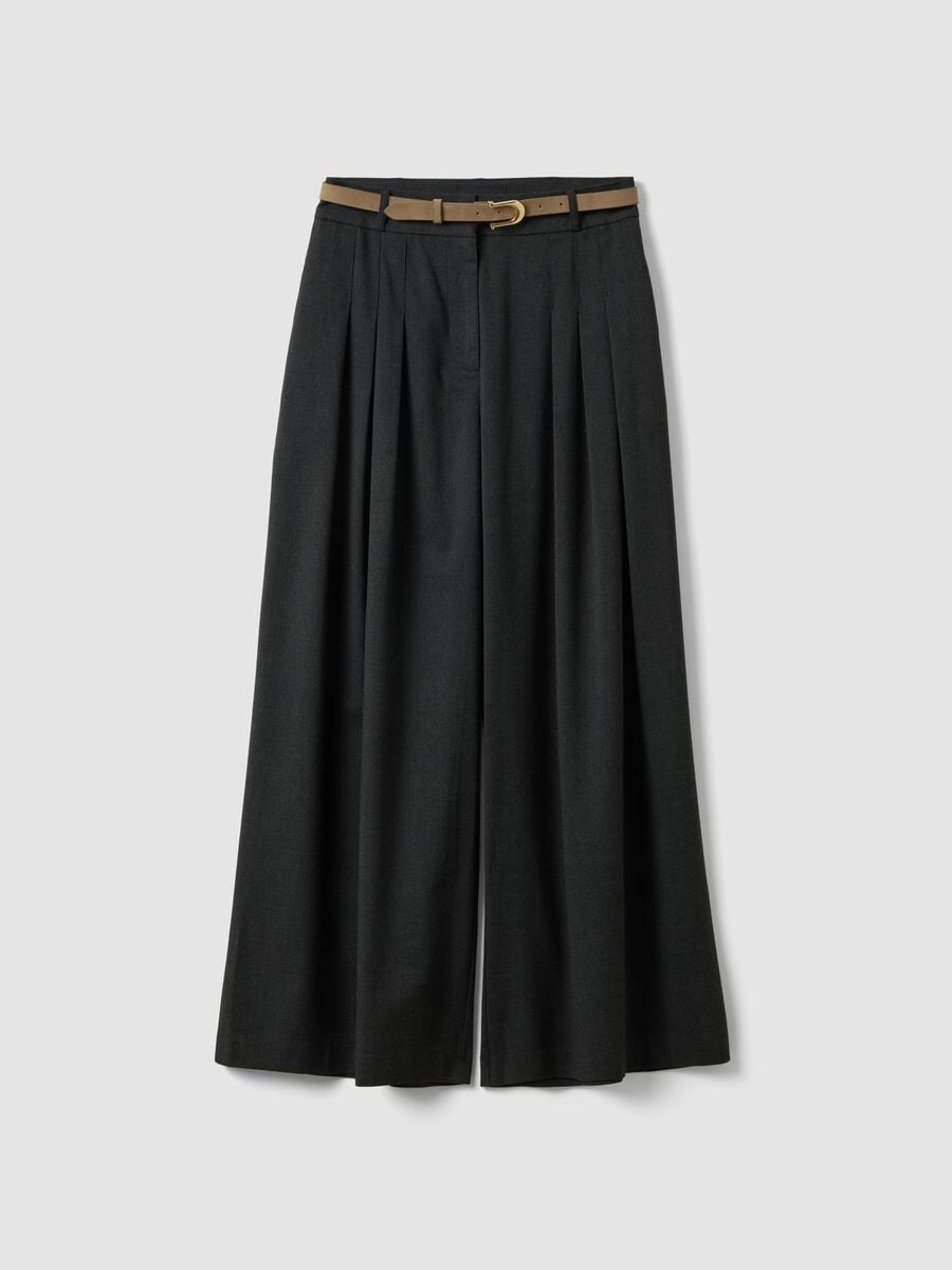 Grey wide-leg formal trousers in stretch viscose with belt_4