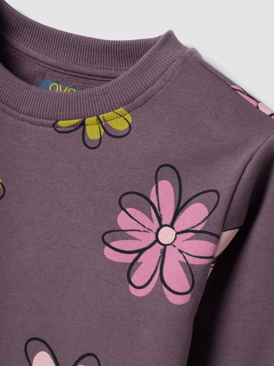 Felpa viola in puro cotone con stampa floreale e girocollo_2