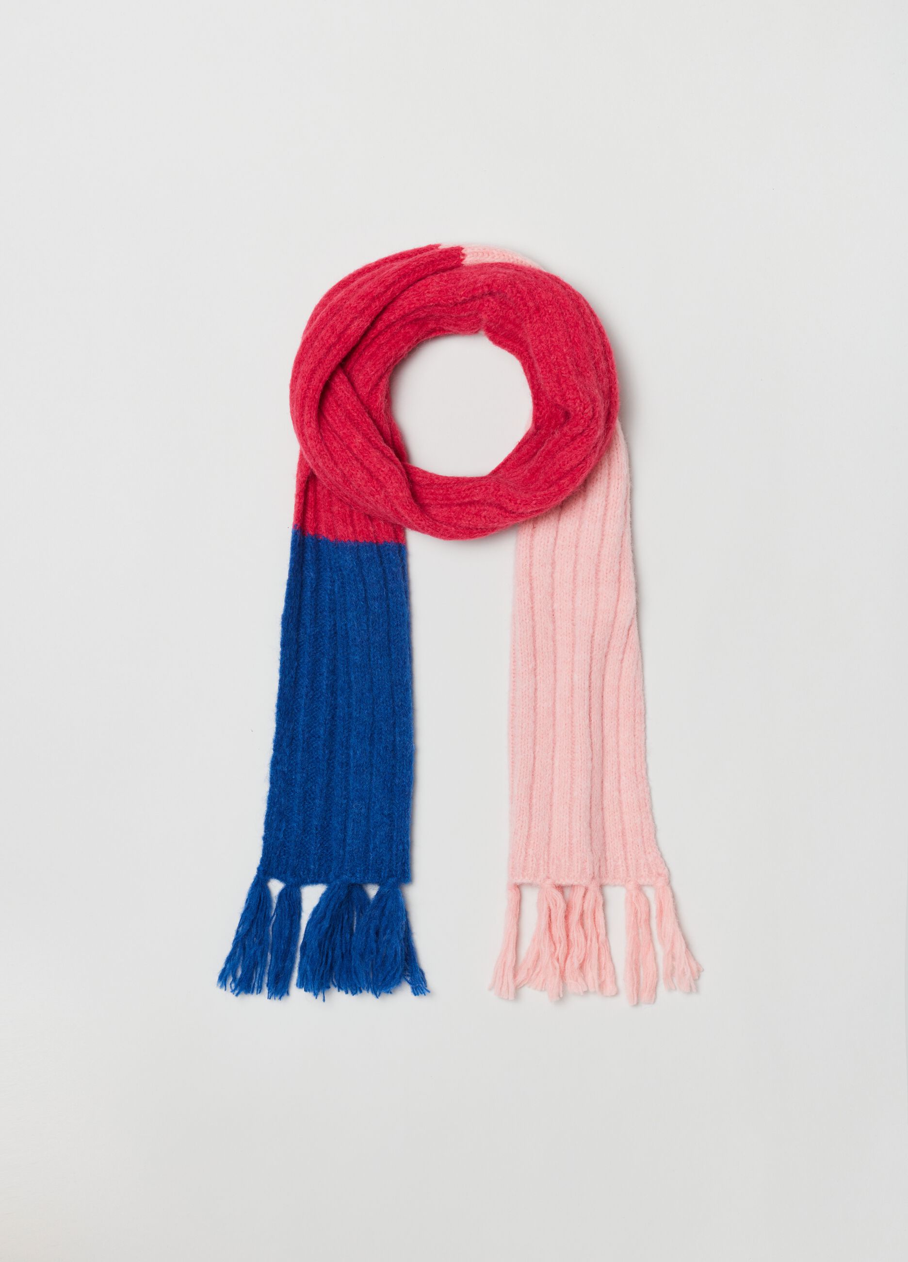 Sciarpa color block a costine con frange_0