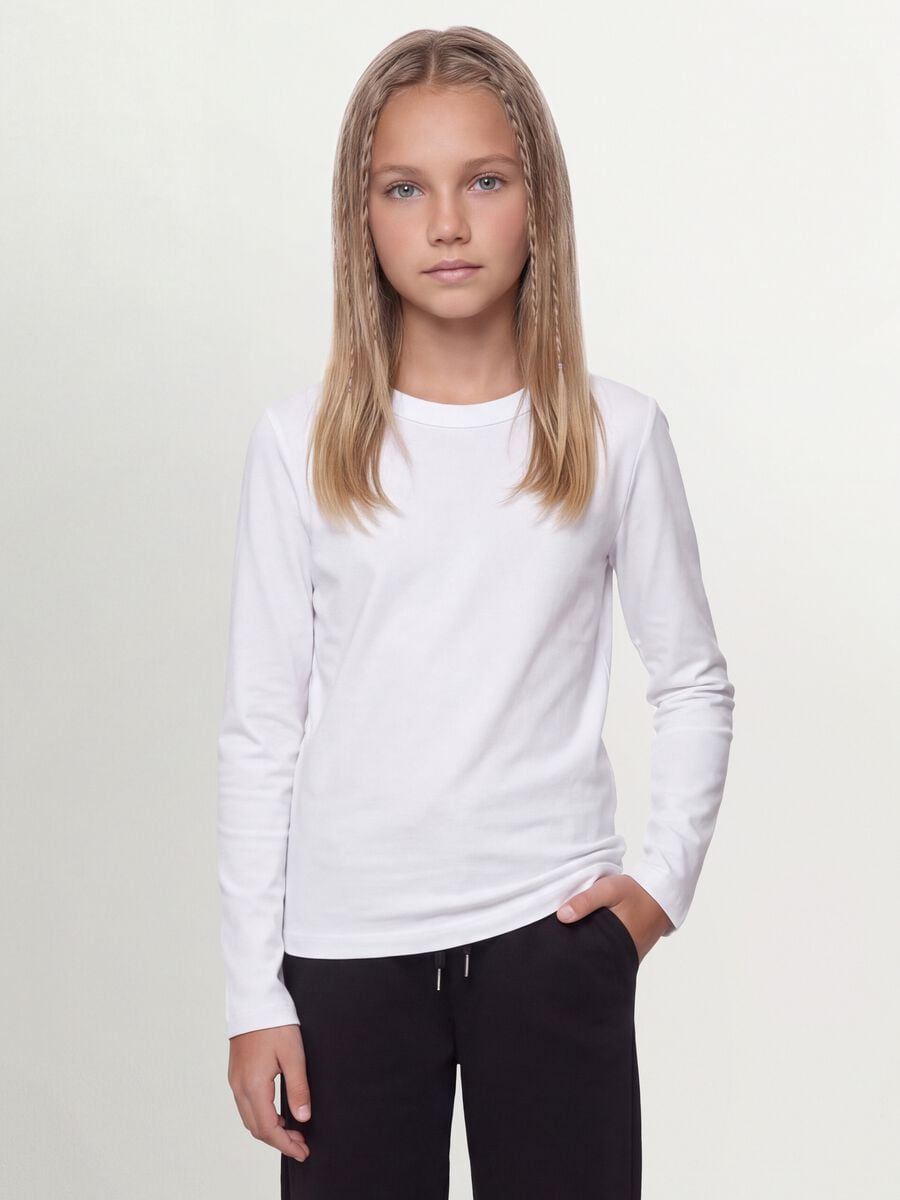 T-shirt bianca in cotone organico e viscosa elasticizzato con collo a costine per ragazza_0