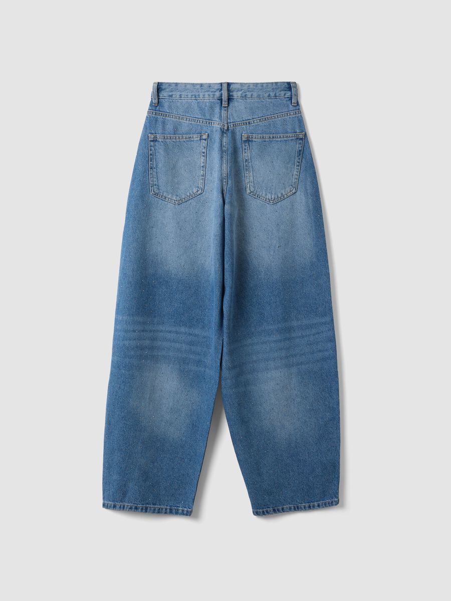 Jeans blu in puro cotone skater fit con strass_1