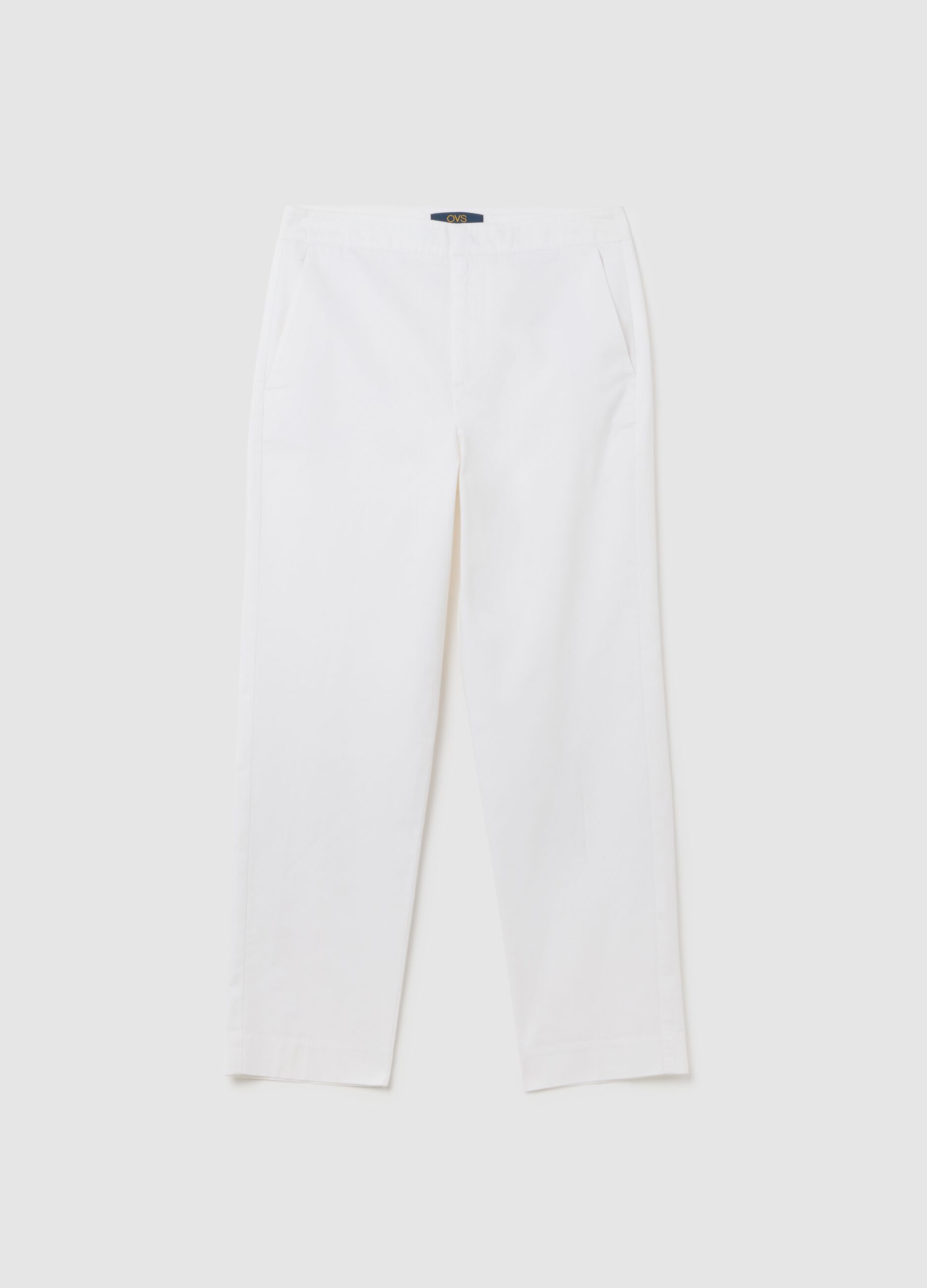 Women's pure white cotton trousers, regular fit with high waist