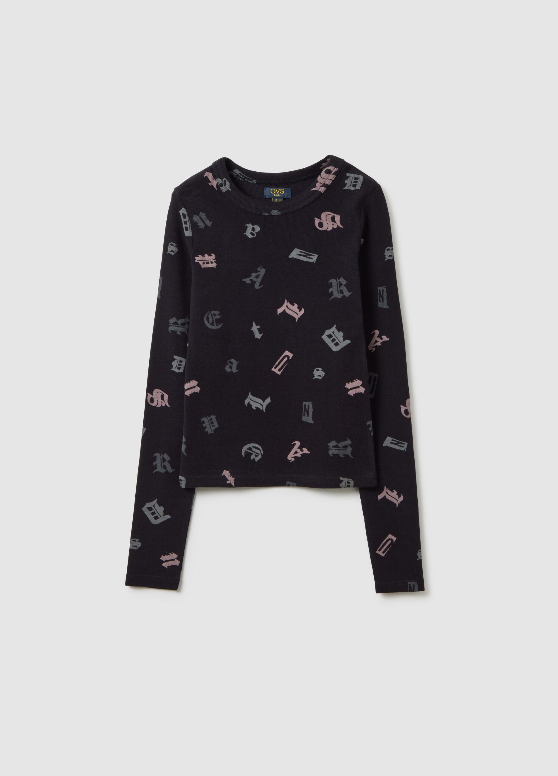Girls' black stretch cotton t-shirt regular fit