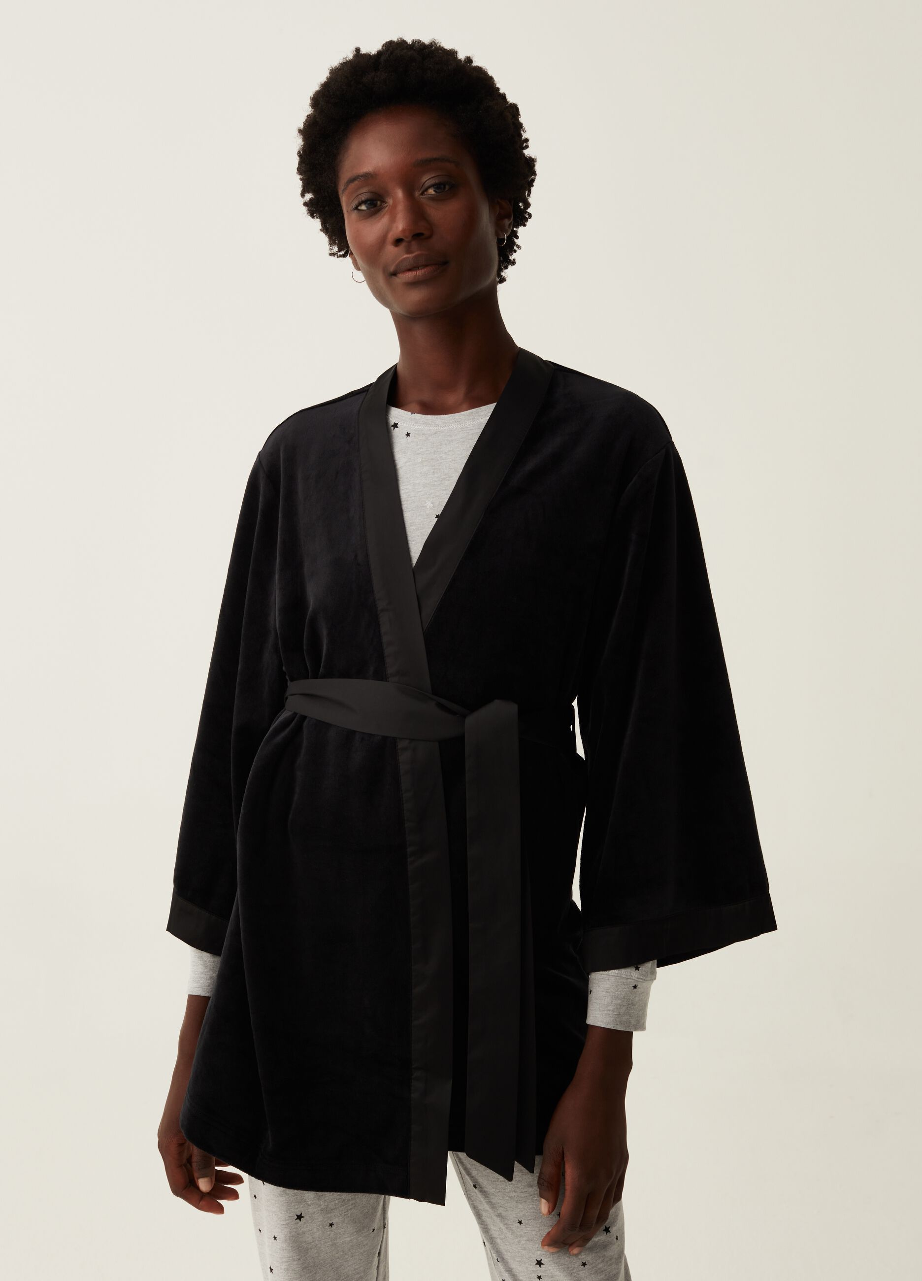 Vestaglia in velour con profili in raso Nero da Donna OVS