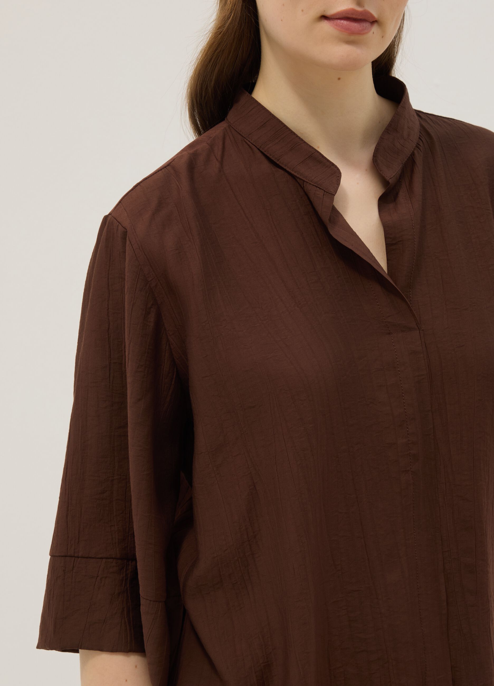 Brown viscose-blend regular-fit blouse with mandarin collar