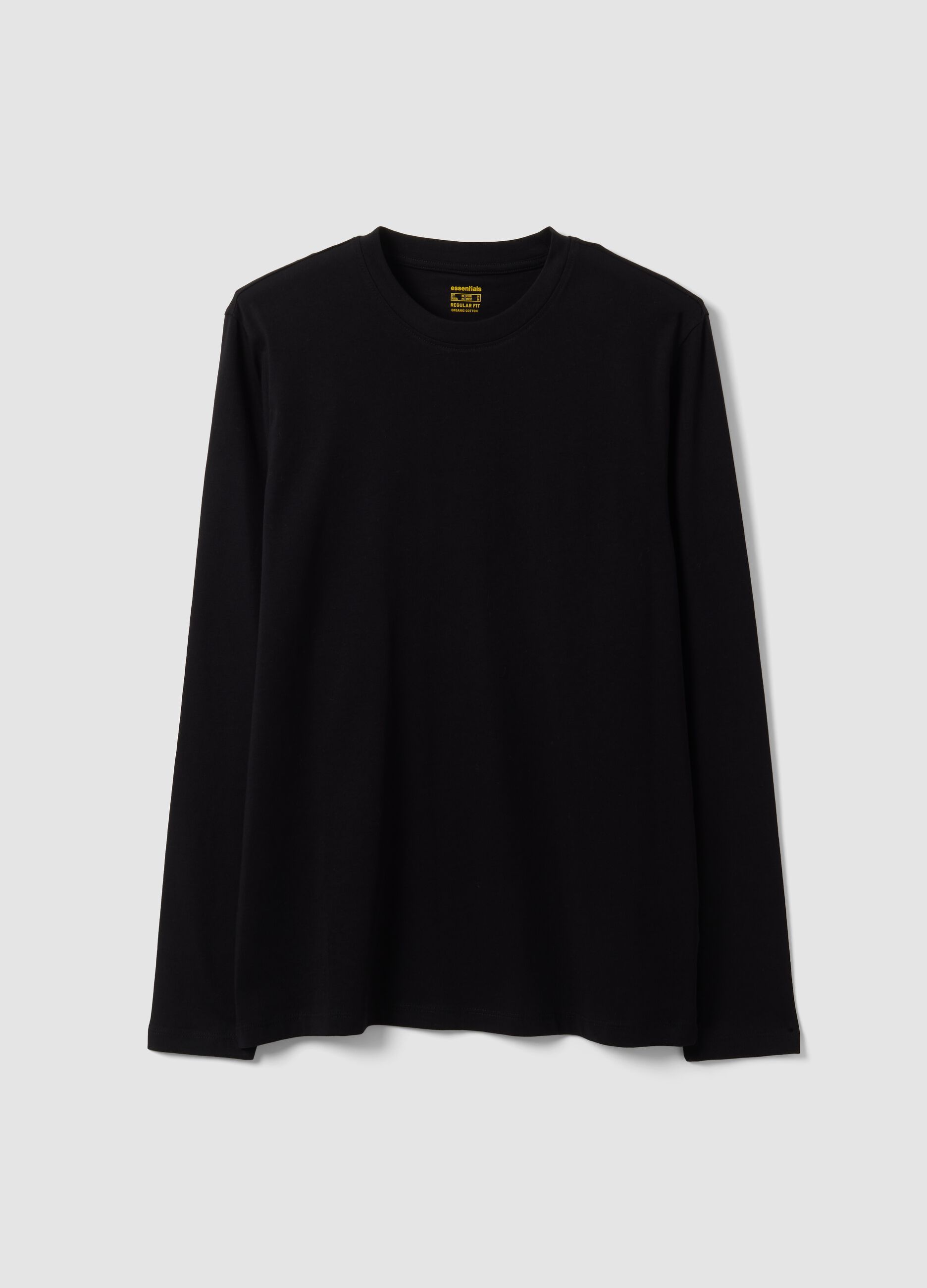 T-shirt nera a maniche lunghe in puro cotone organico con girocollo