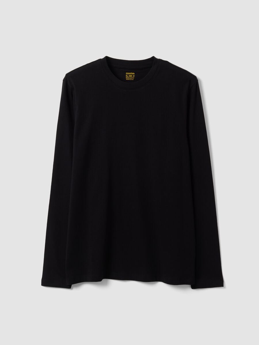 T-shirt nera a maniche lunghe in puro cotone organico con girocollo_0