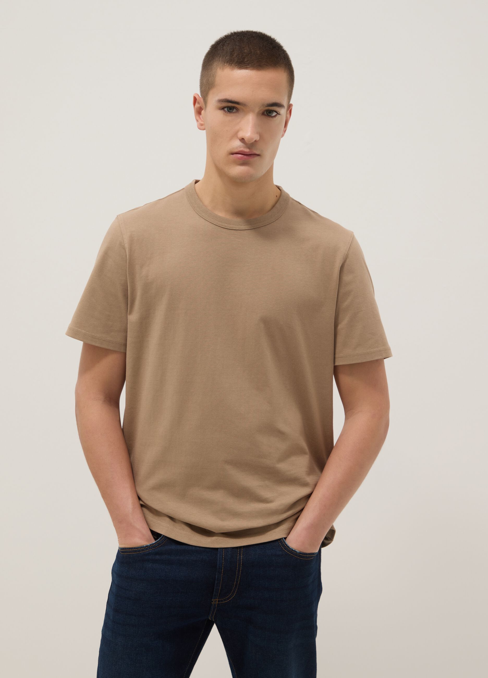 Beige short sleeve pure cotton T-shirt regular fit