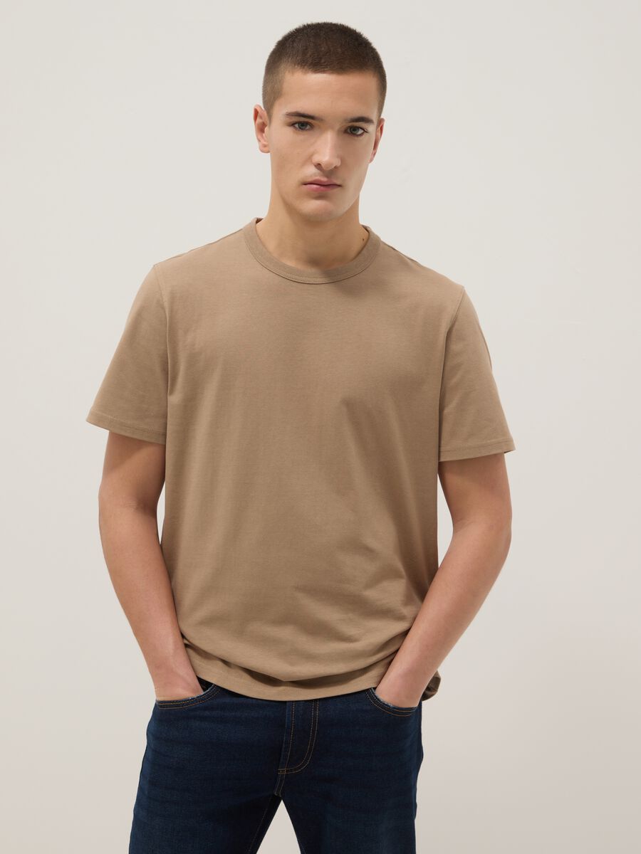 Beige short sleeve pure cotton T-shirt regular fit_1