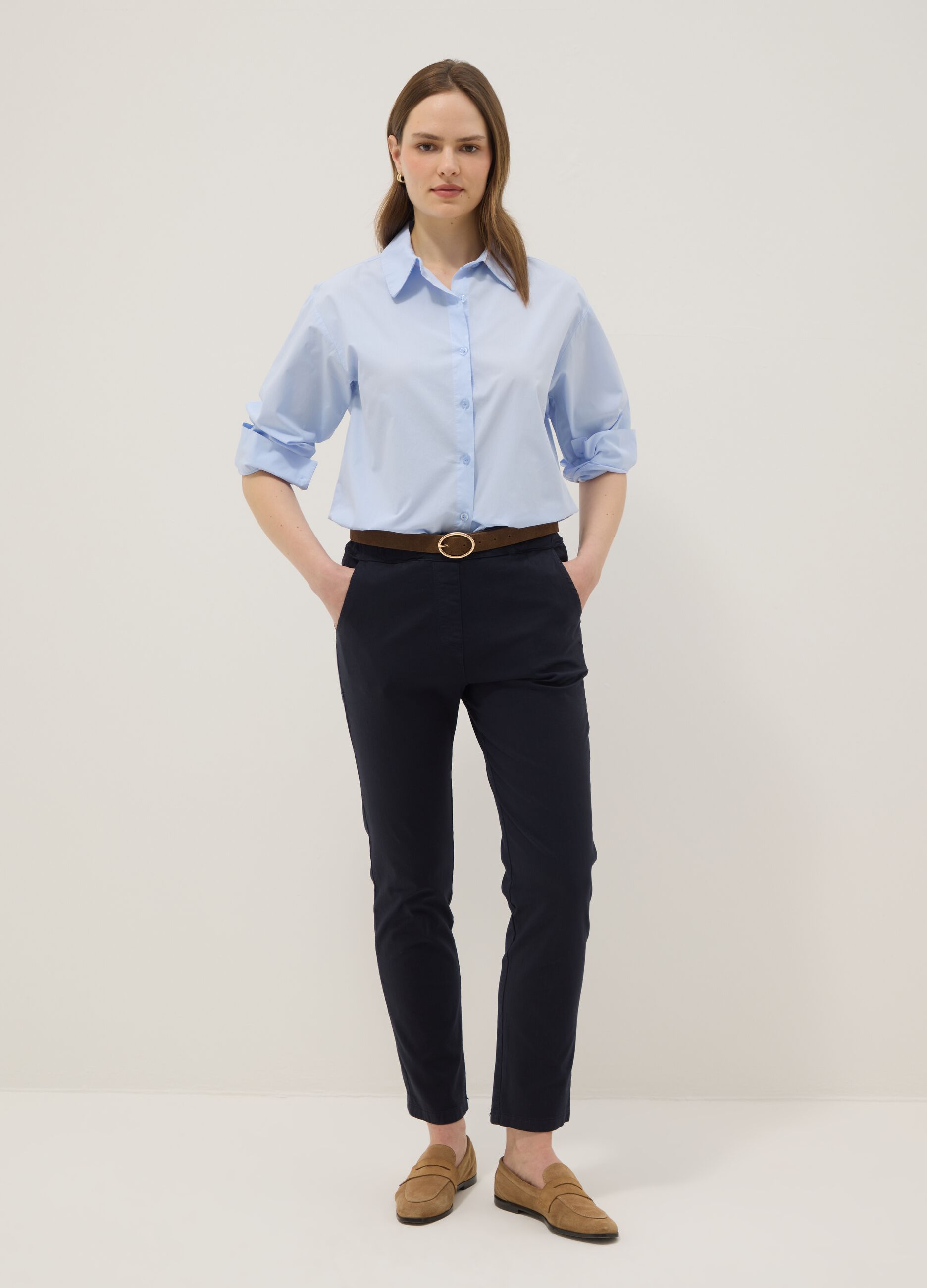 Blue stretch cotton trousers with drawstring
