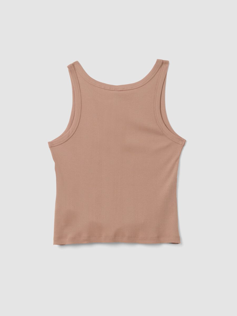 Beige ribbed cotton and viscose blend henley vest top_1