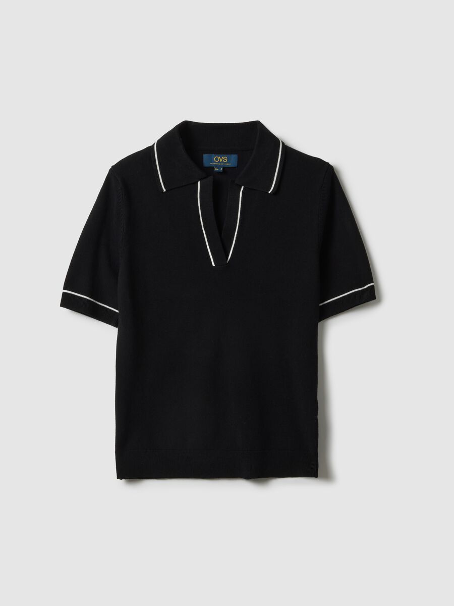 Black viscose blend slim fit polo with contrast stitching_0