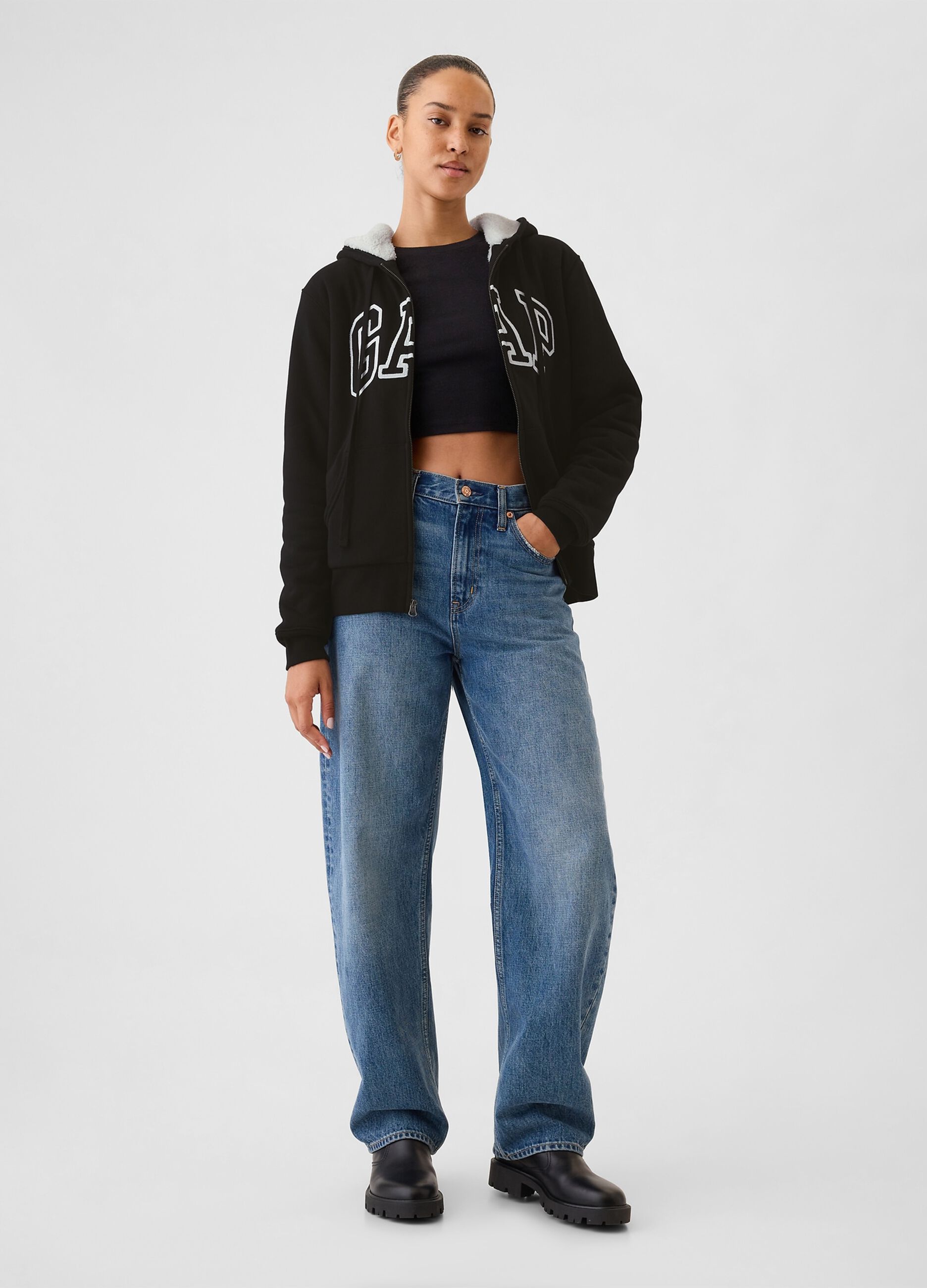 Full-zip sweatshirt with sherpa lining and logo embroidery
