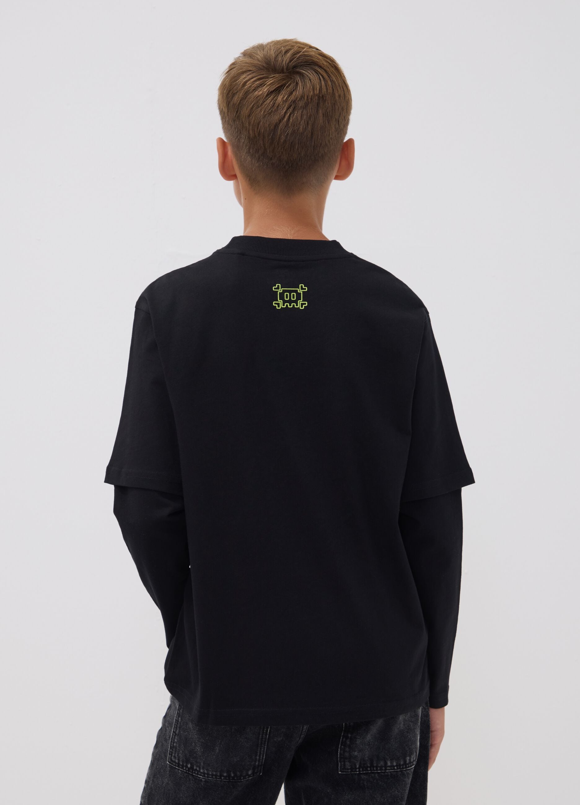 Black pure cotton crew-neck T-shirt with print