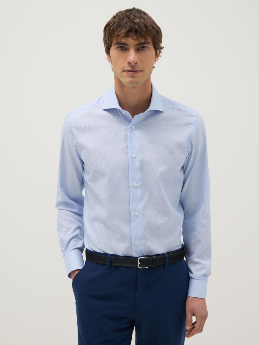 Sky blue pure cotton shirt with slim fit microcheck pattern_0