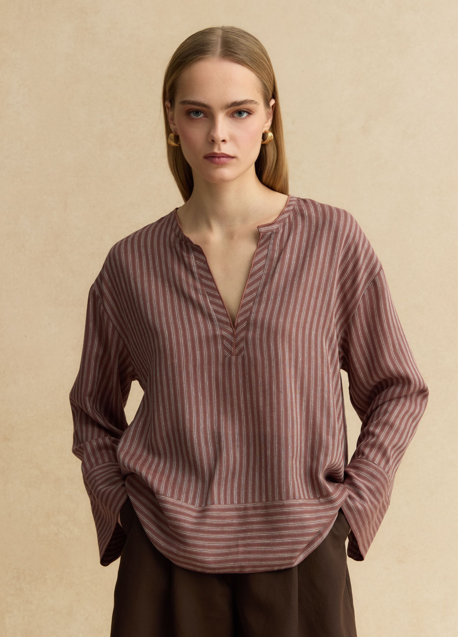 Regular fit multicolour striped linen-blend shirt with a Mandarin collar