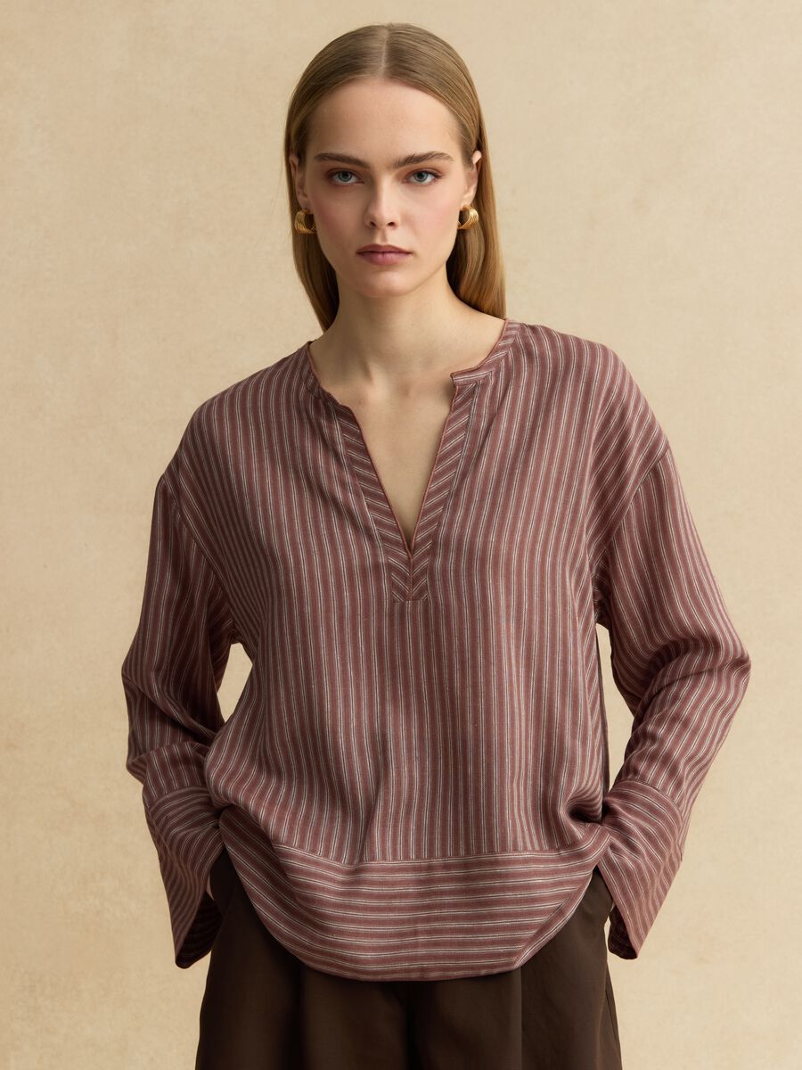 Camicia in misto lino a righe multicolor regular fit con collo coreano_1