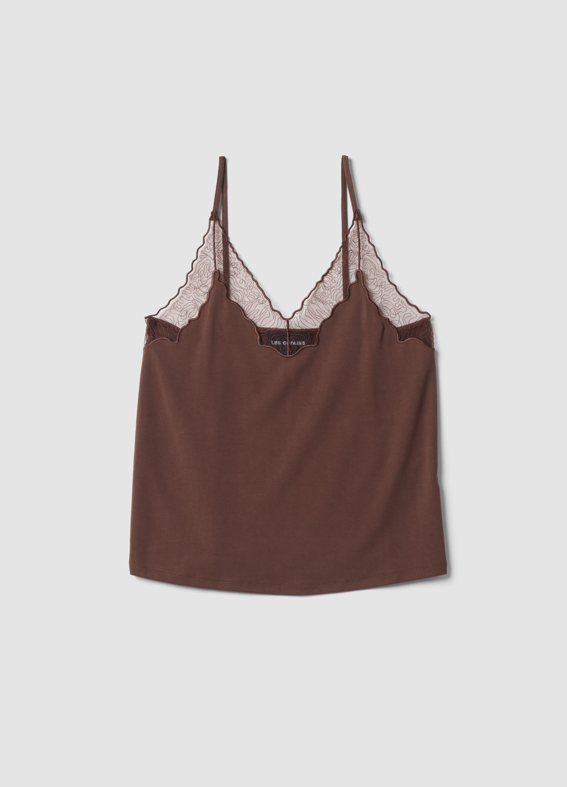 Brown stretch viscose tank top with lace and V-neckline