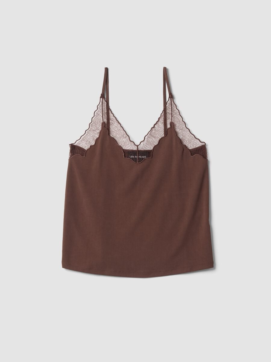 Tank top marrone in viscosa elasticizzata con pizzo e scollo a V_4