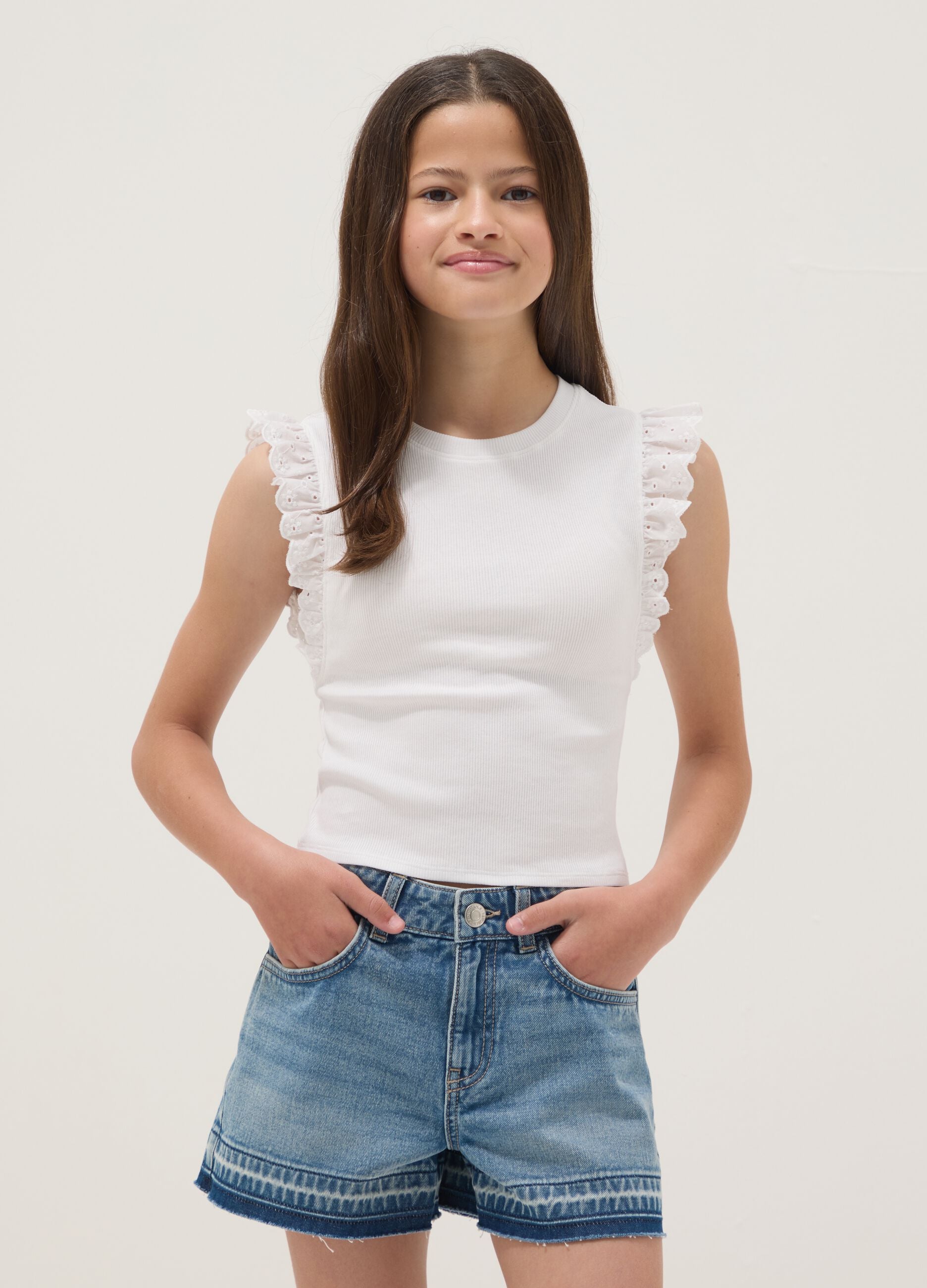 White stretch-cotton T-shirt with ruffle sleeves