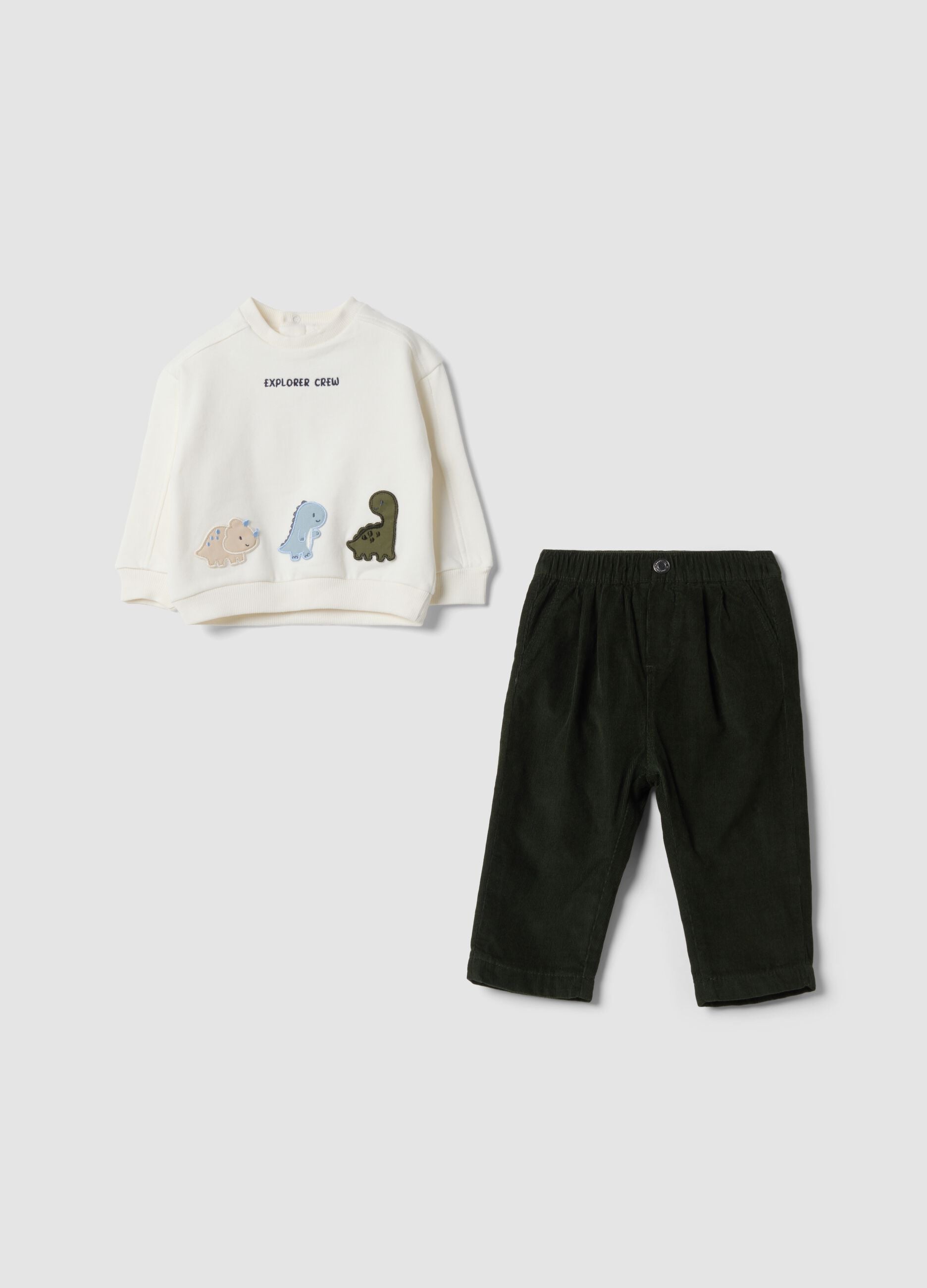 Green and white pure cotton set with dinosaur print