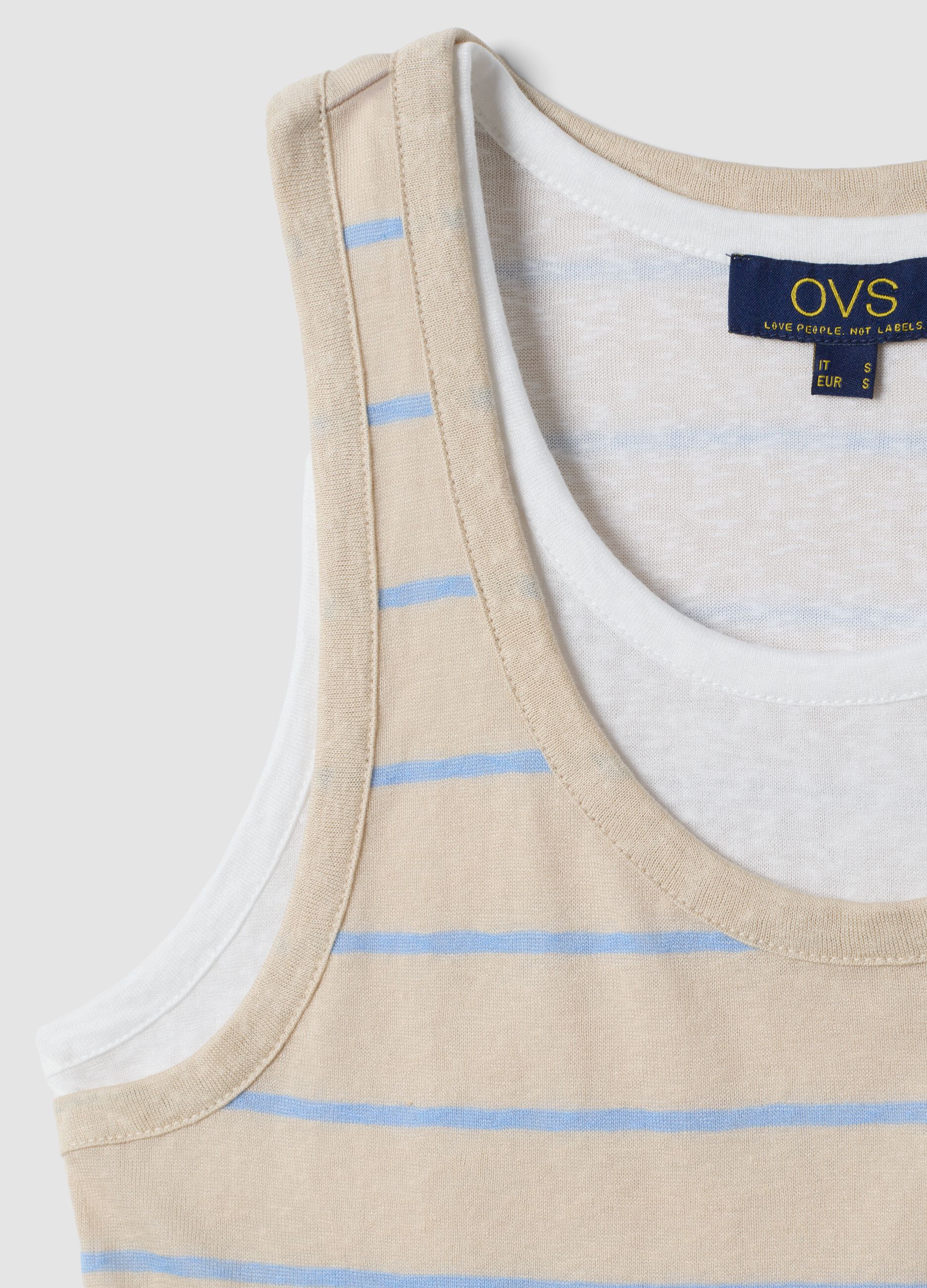Beige striped viscose-blend tank top, regular fit