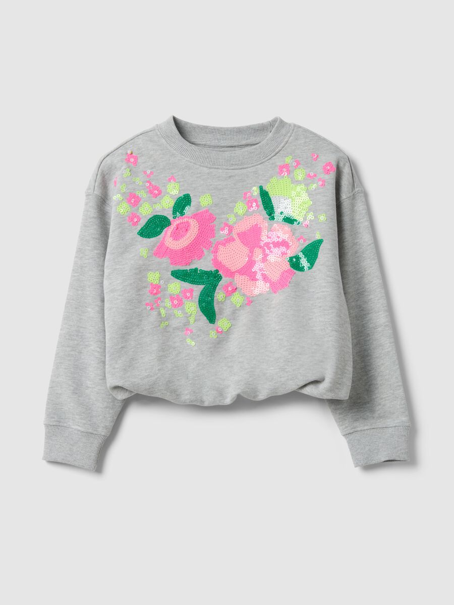 Grey cotton-blend sweatshirt for girls, regular fit with flowers_3