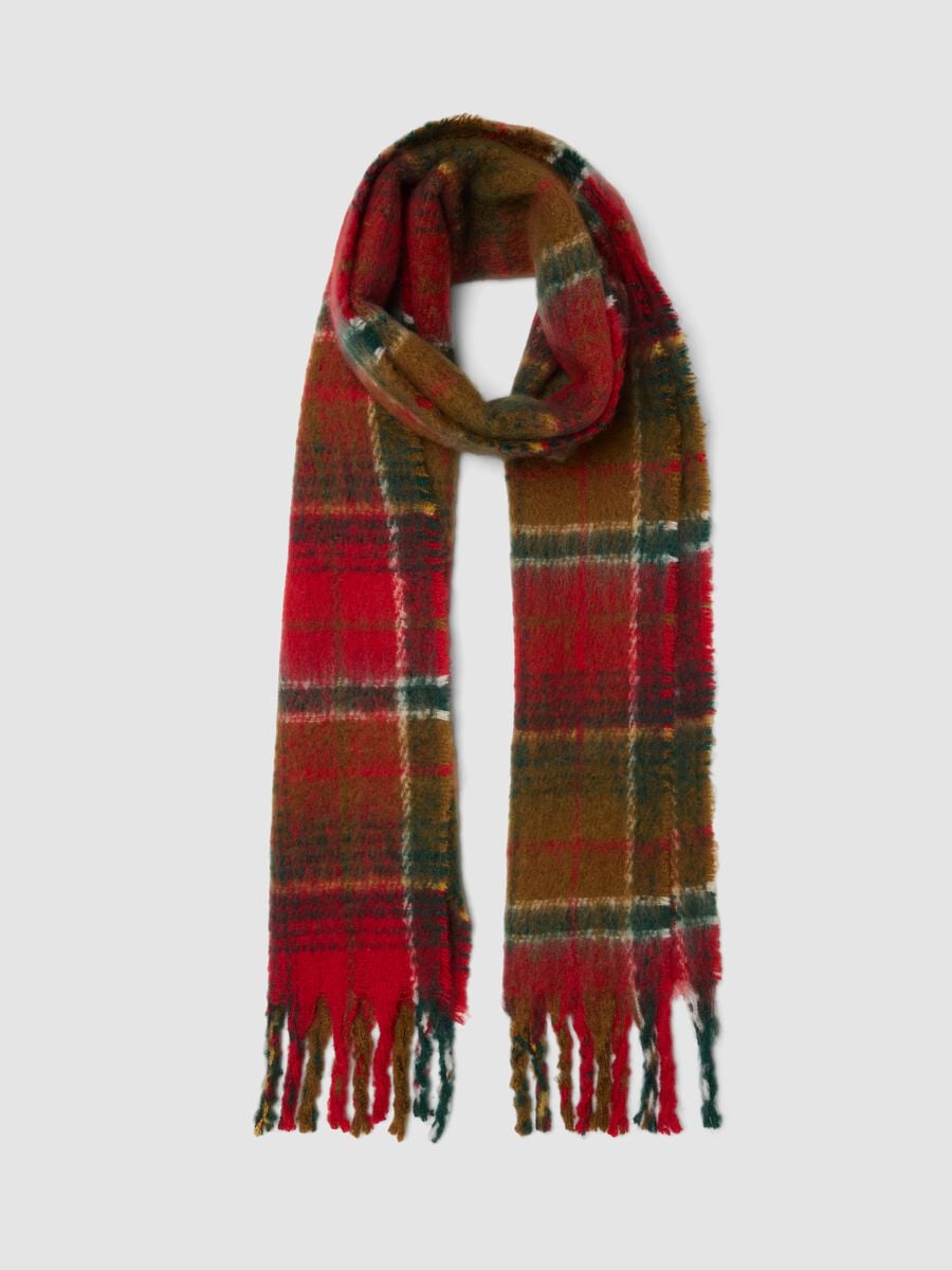 Brown and red checked scarf with fringes_0