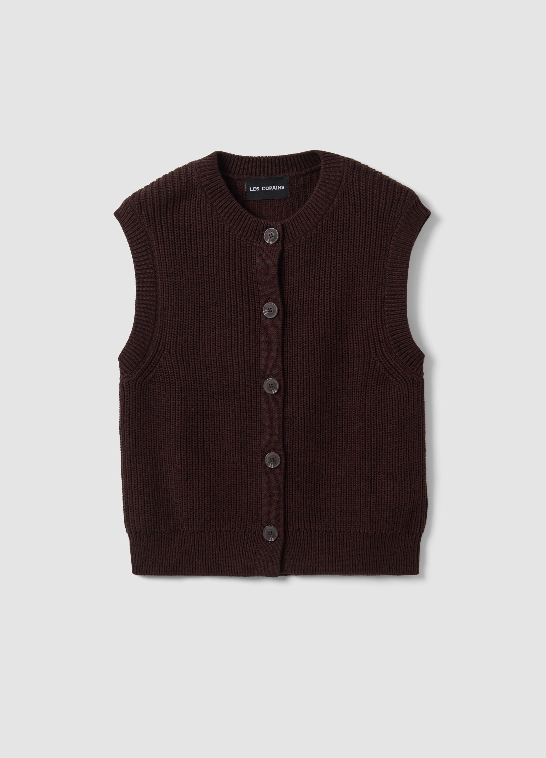 Brown pure cotton knitted vest with crew neck, regular fit