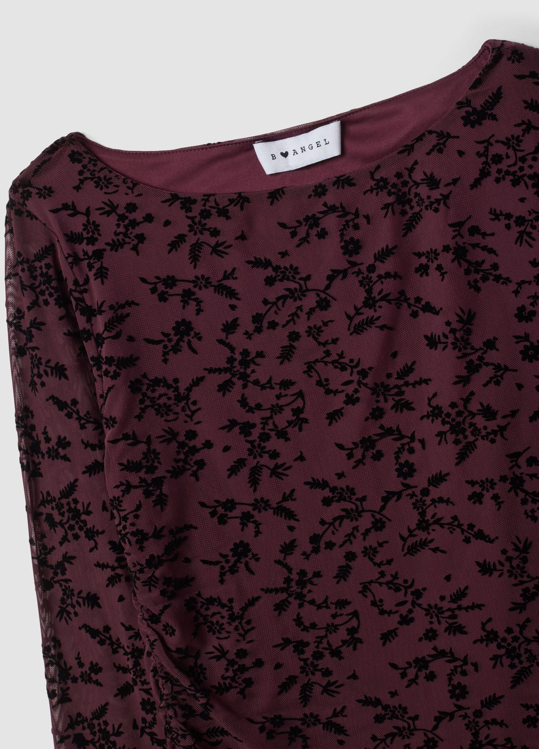 T-shirt viola in tessuto elasticizzato con motivo floreale floccato
