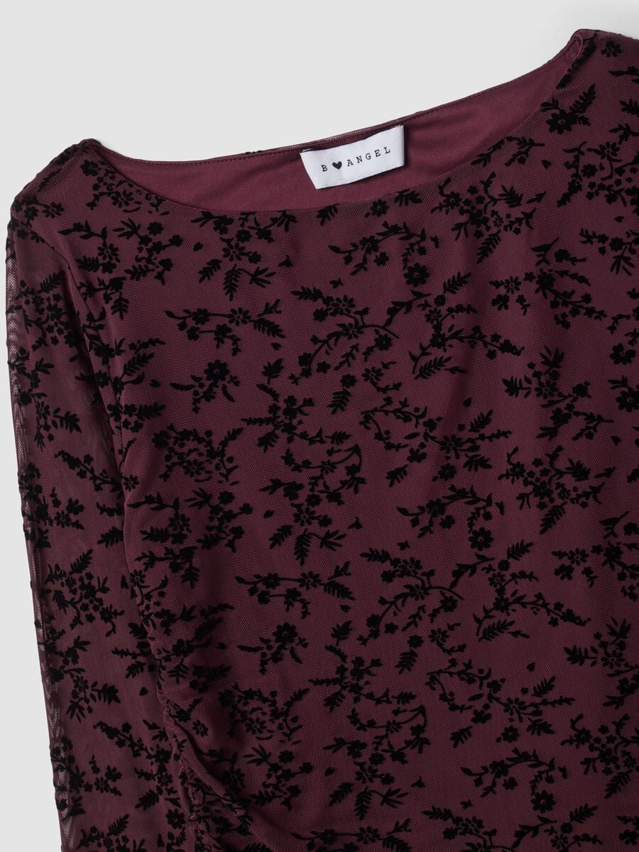Purple stretch T-shirt with flocked floral motif_1