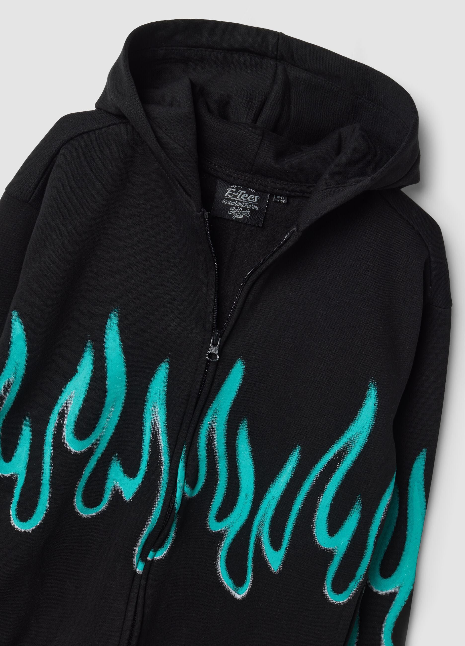 Black cotton-blend hoodie with flame print