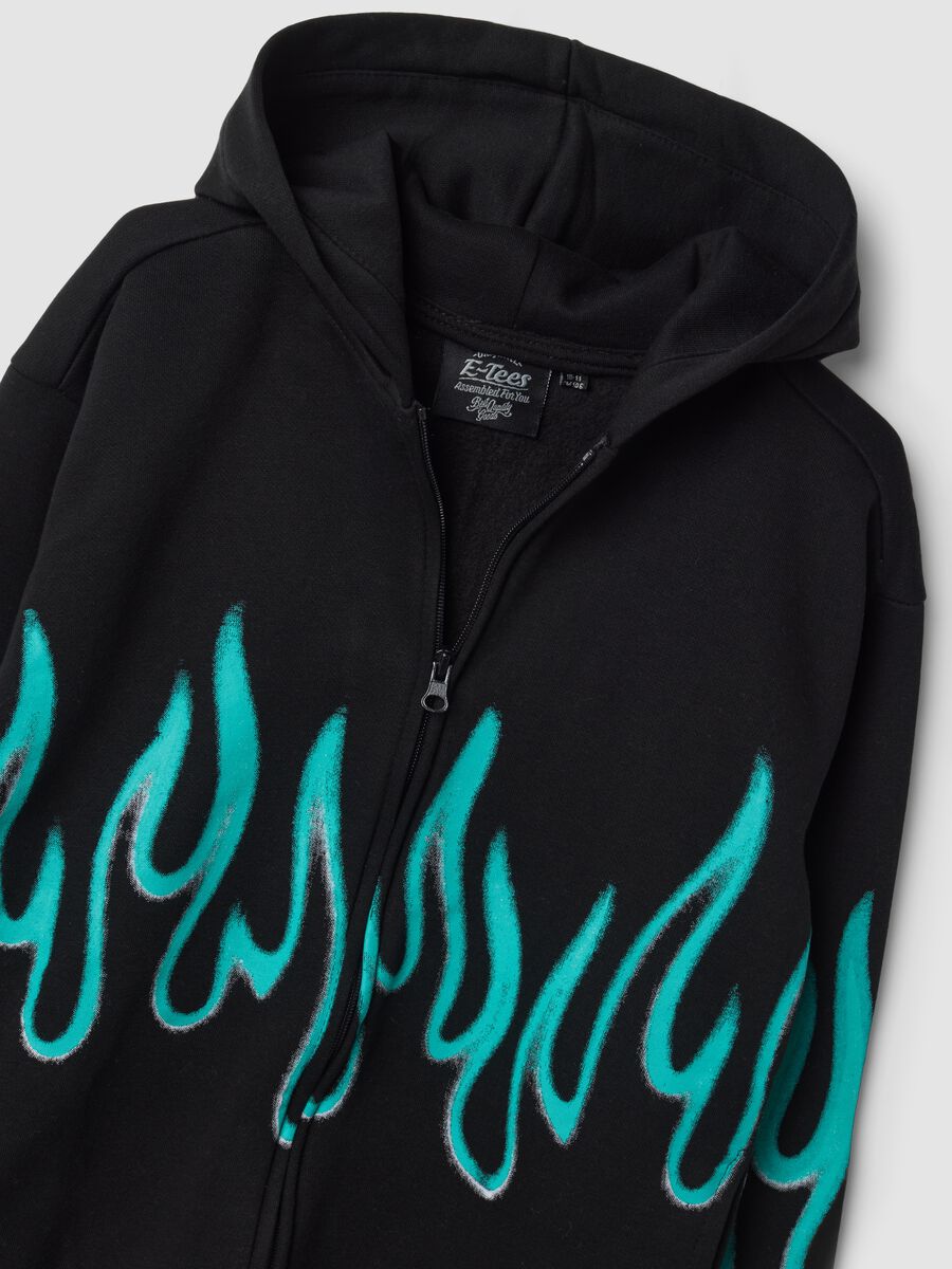 Black cotton-blend hoodie with flame print_2
