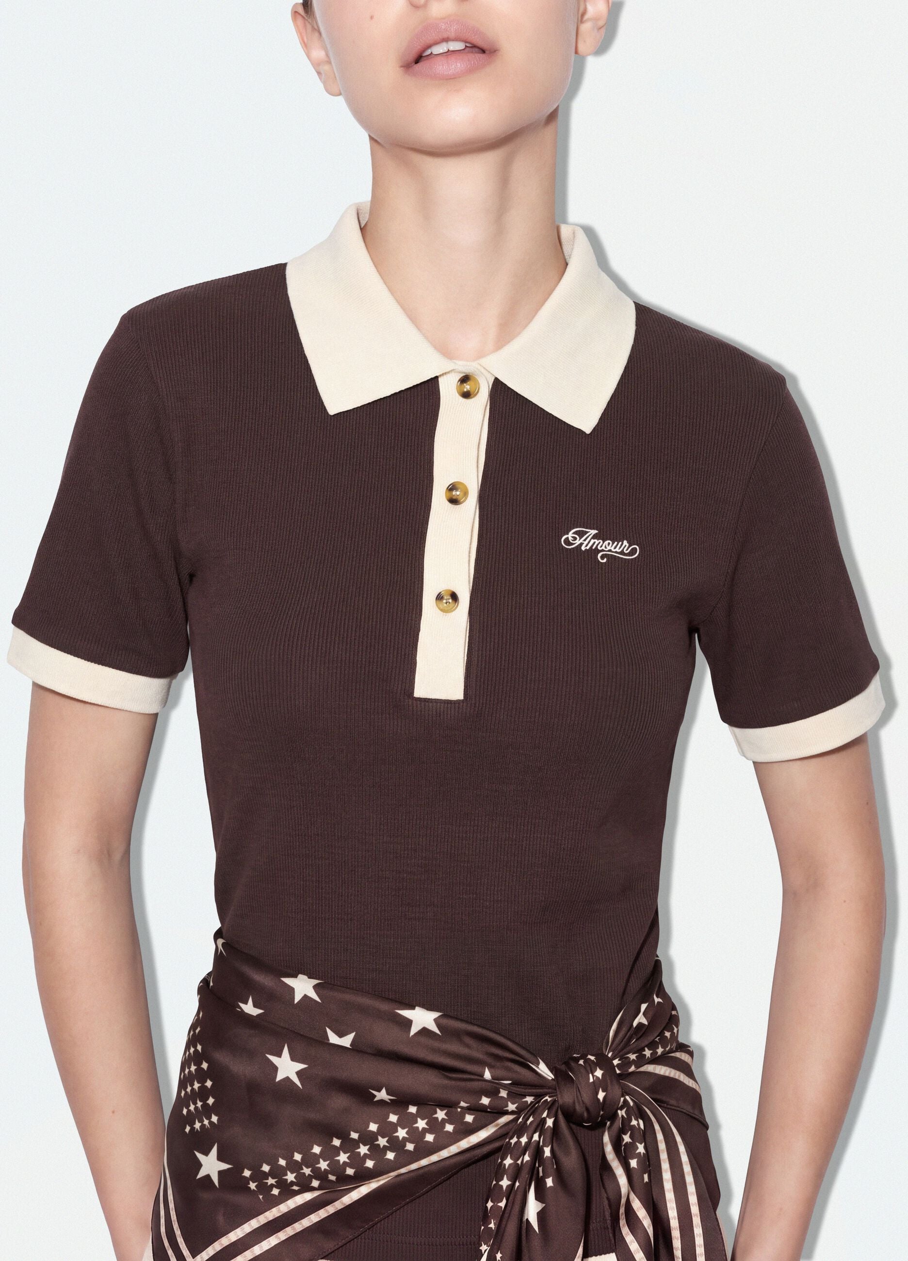 Brown cropped stretch-cotton polo with print, regular fit