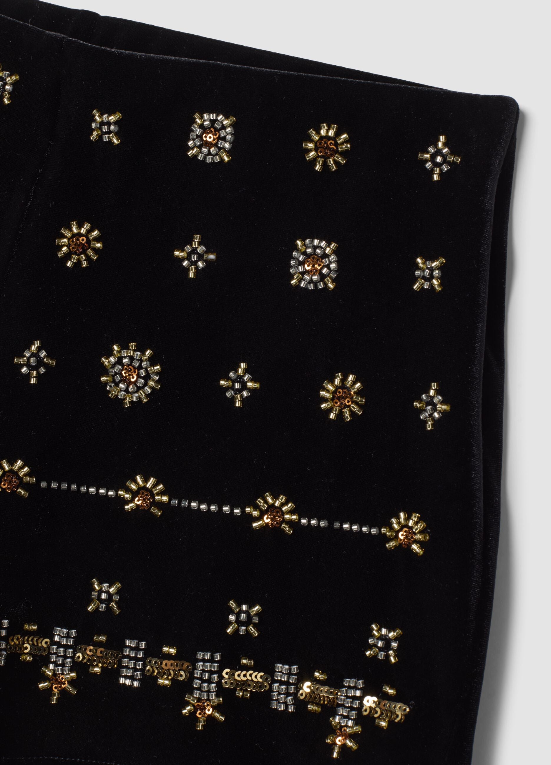 Black stretch velour slim-fit shorts with jewel embroidery