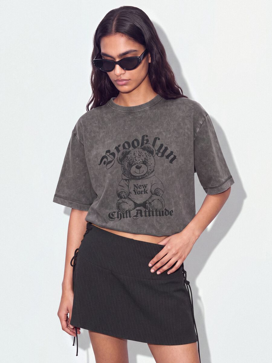 Grey pure cotton oversized T-shirt with teddy bear print_0