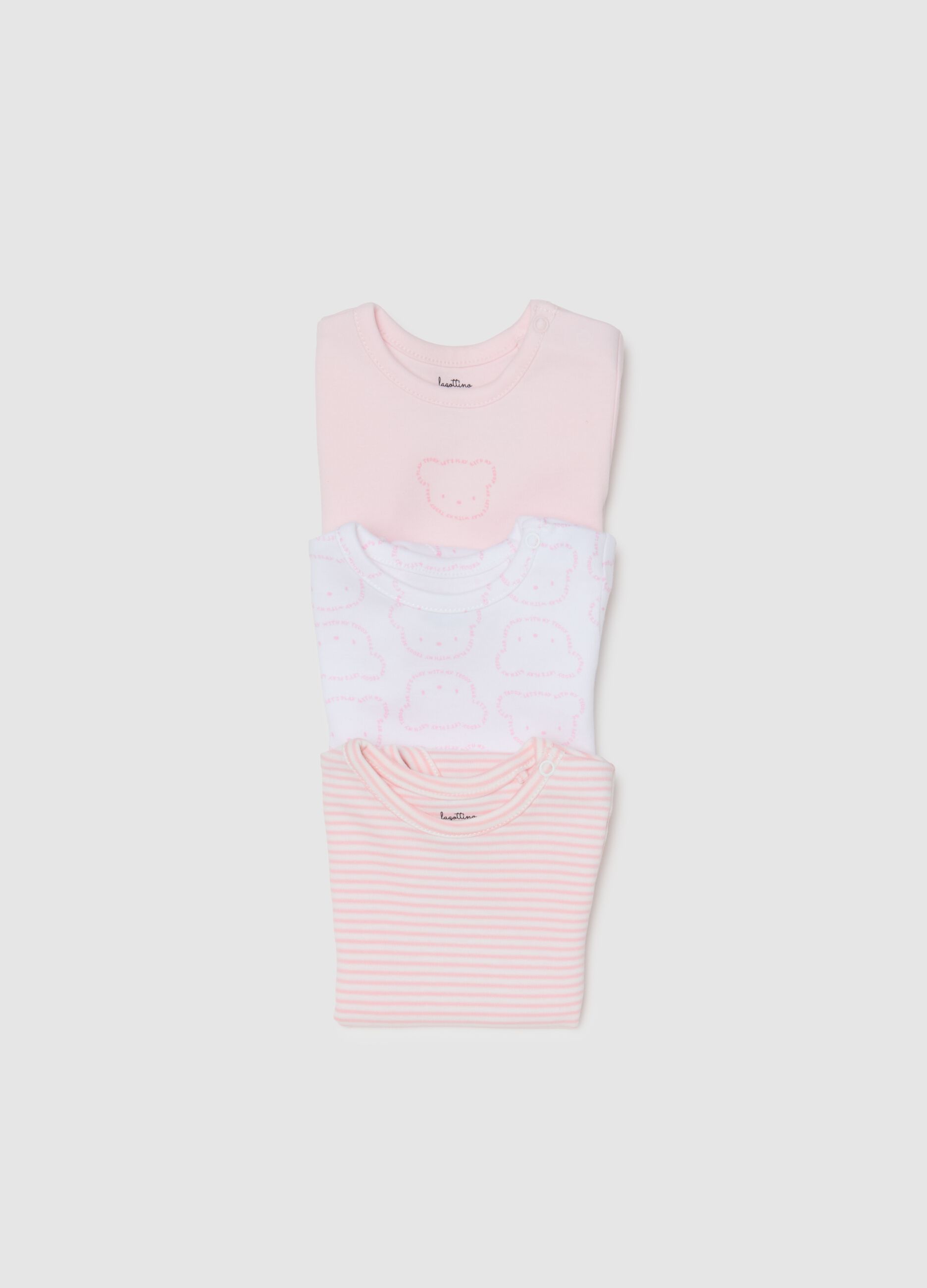 Set of three baby girl cotton bodysuits in multicolour