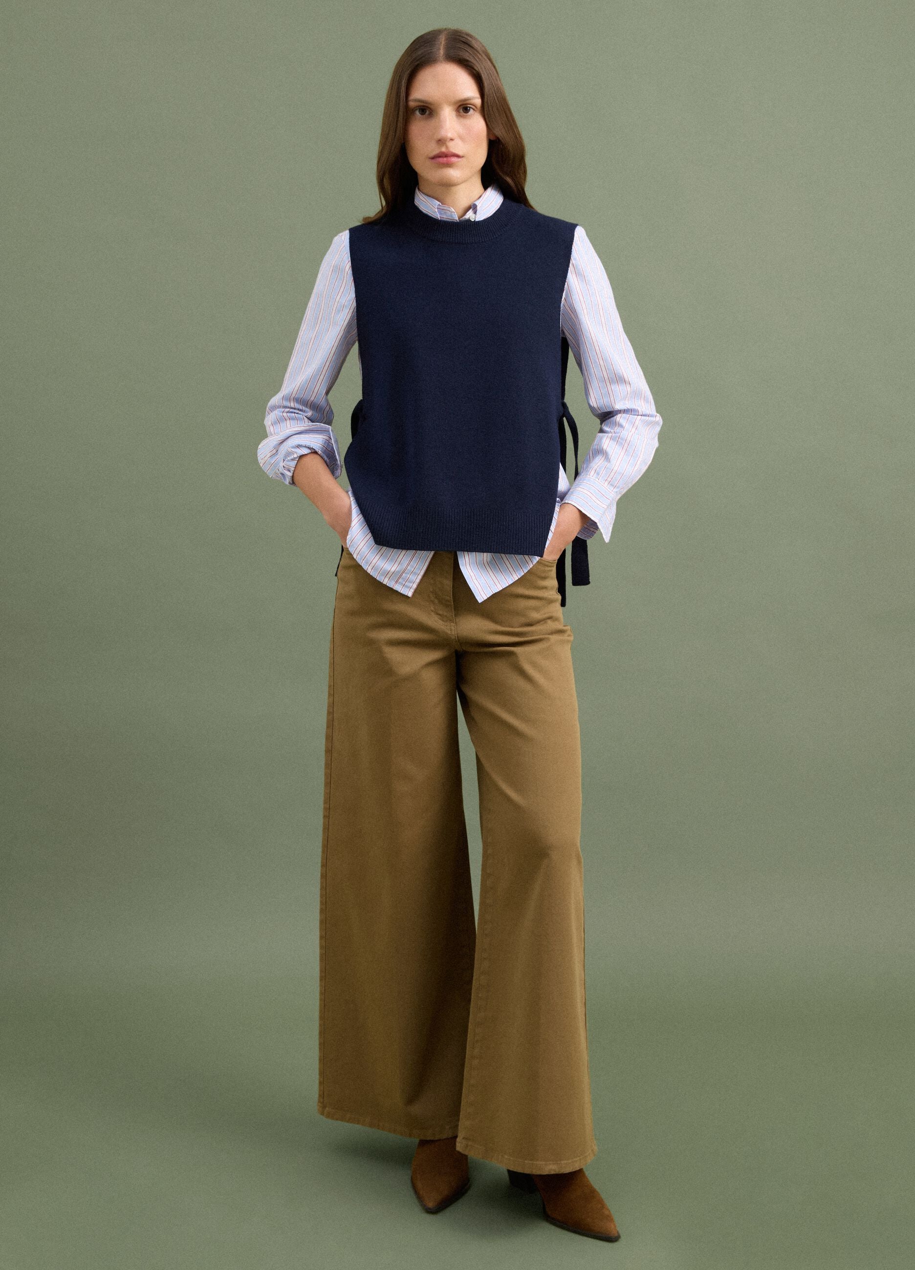 Blue wool-blend crew-neck gilet with tie-fastening side tabs, regular fit