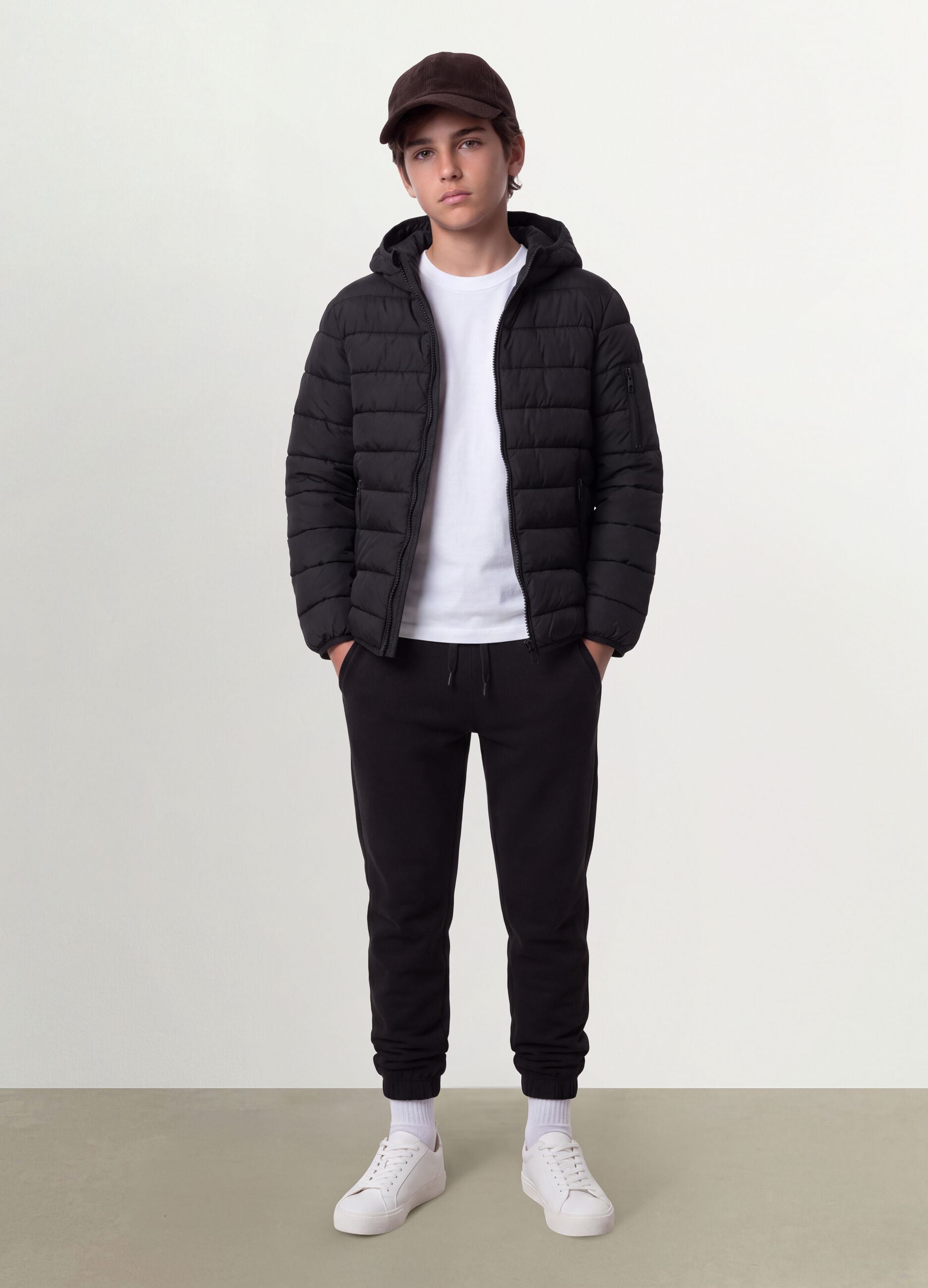 Black Ultralight padded hooded jacket with zip for boys