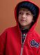 Red organic cotton hoodie with embroidered details, oversized fit, for boys_1