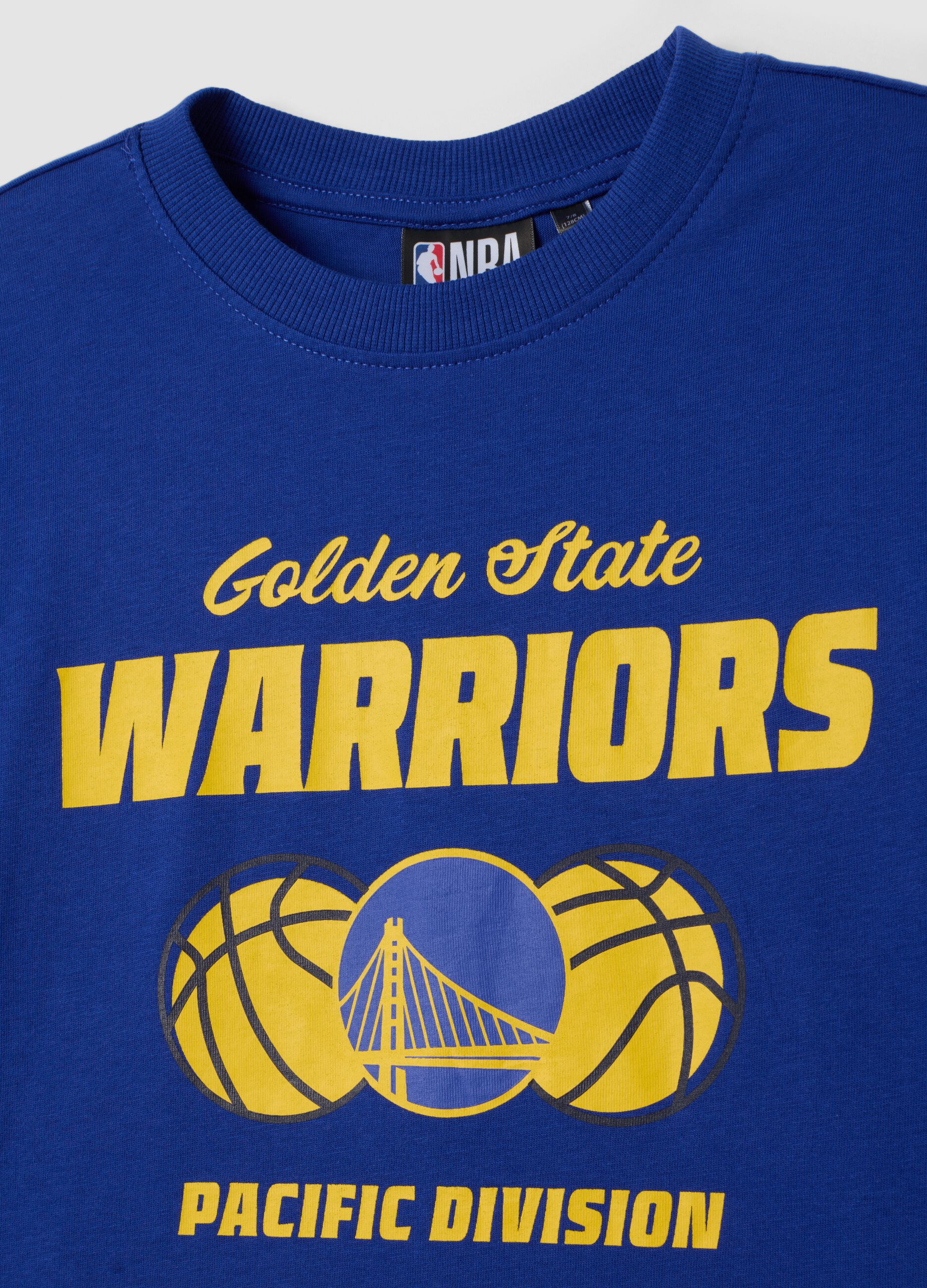 T-shirt blu in puro cotone con stampa basket