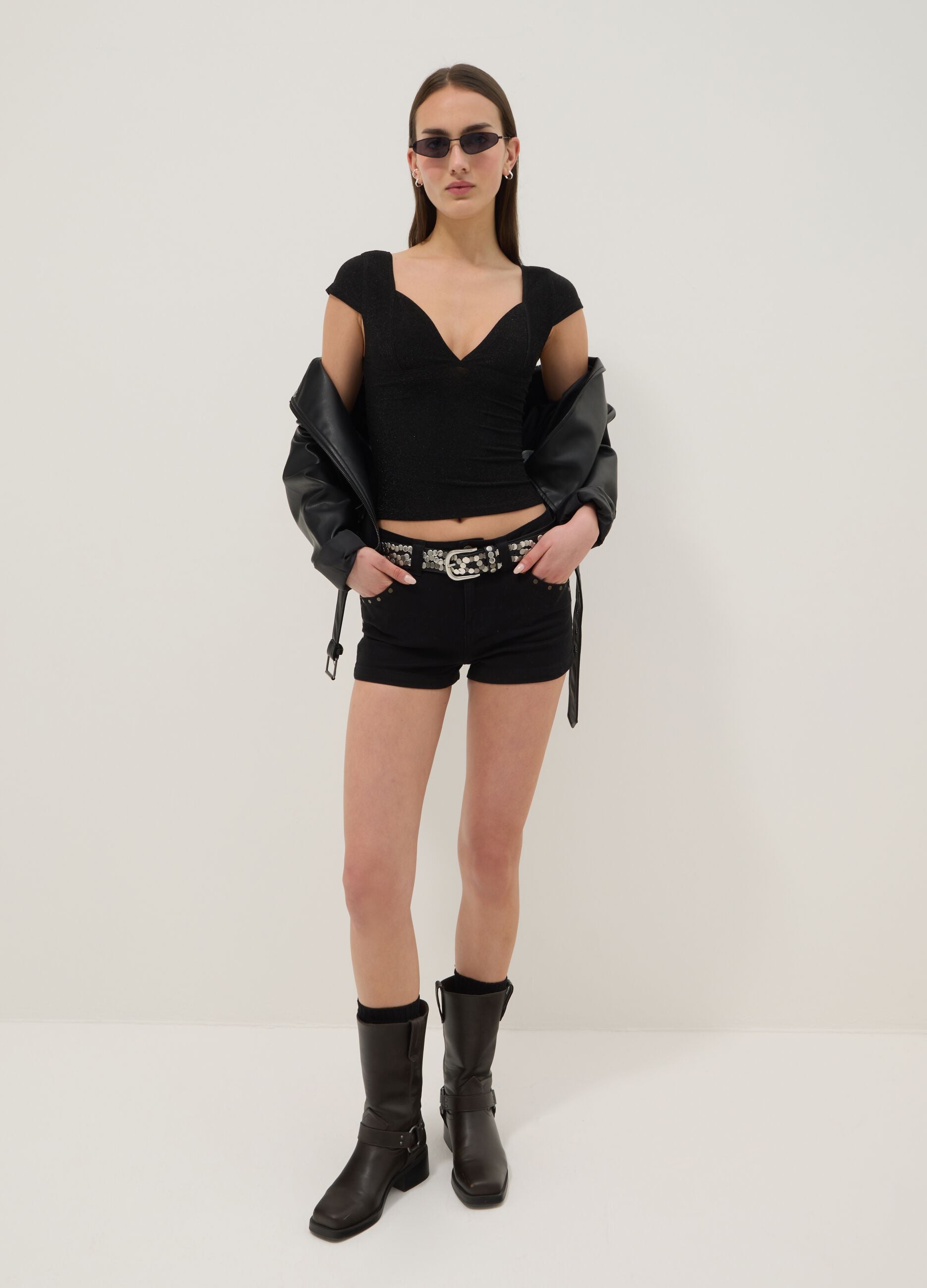Black stretch cotton regular-fit shorts with studs