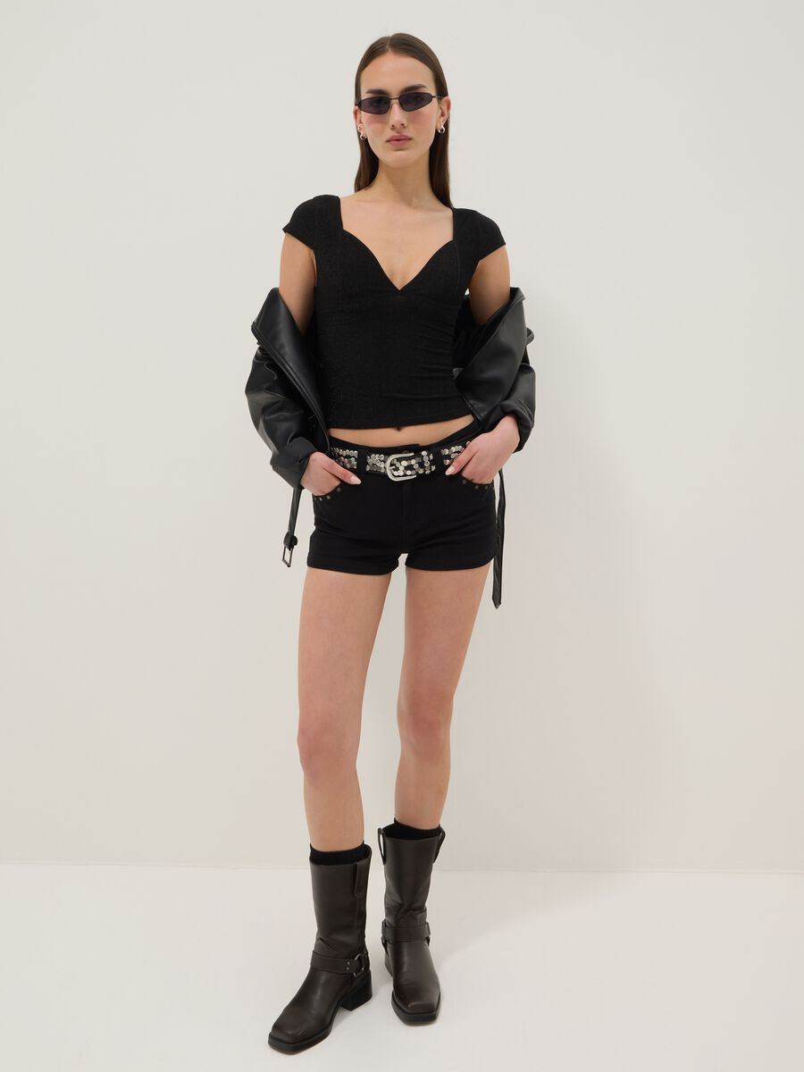 Shorts in cotone elasticizzato nero regular fit con borchie_0