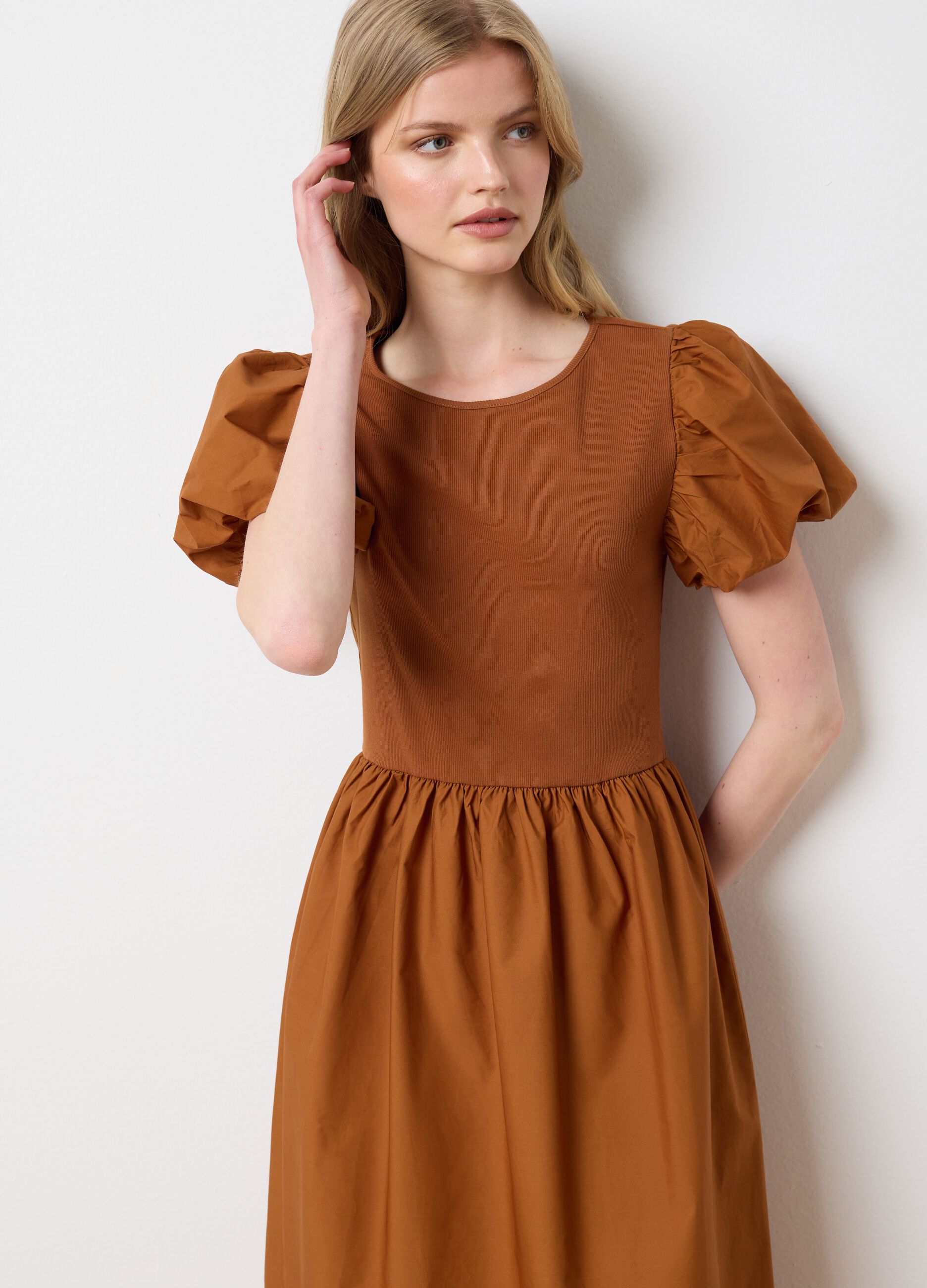 Long brown cotton regular fit women's dress