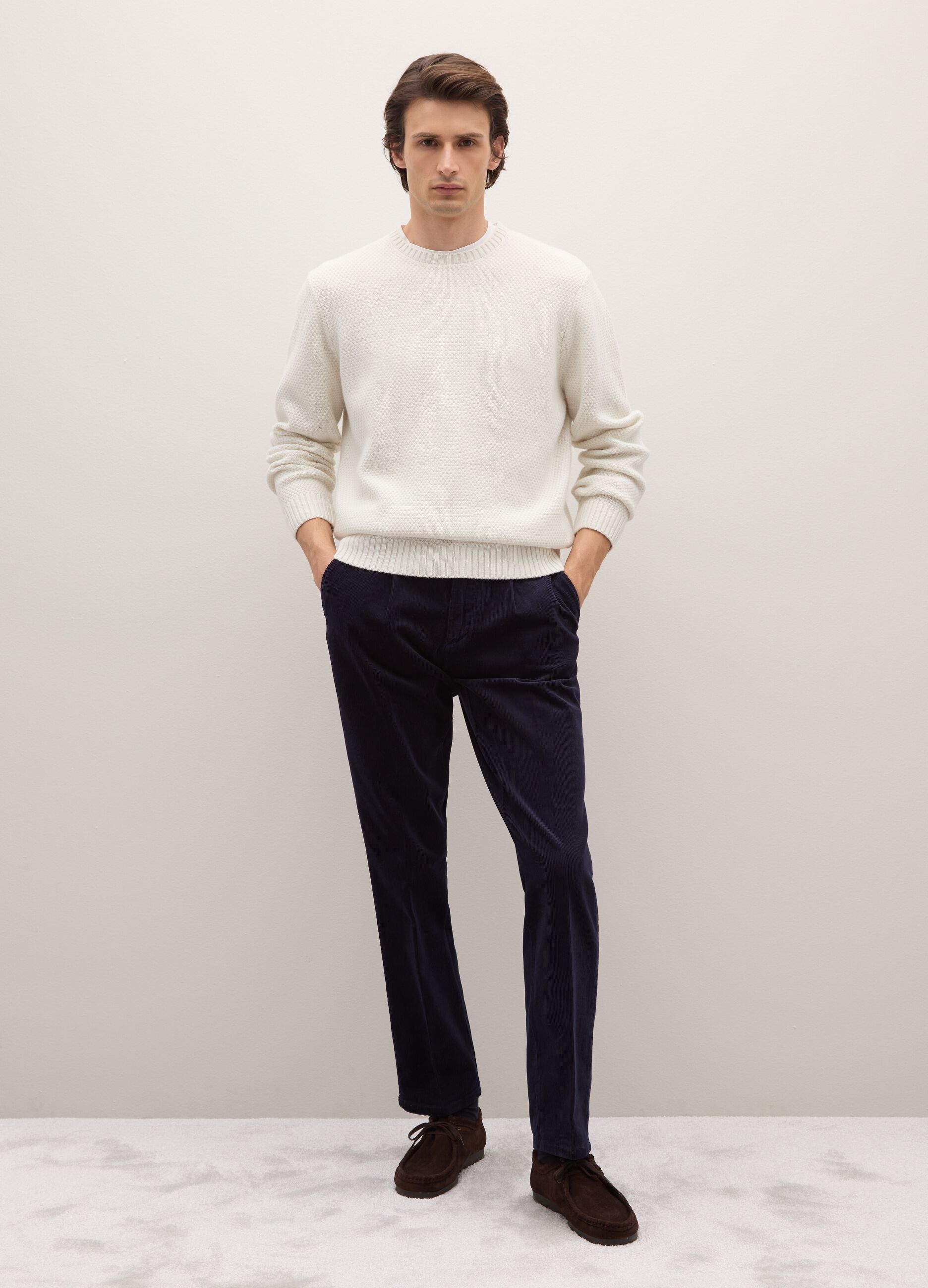Blue regular fit cotton blend trousers